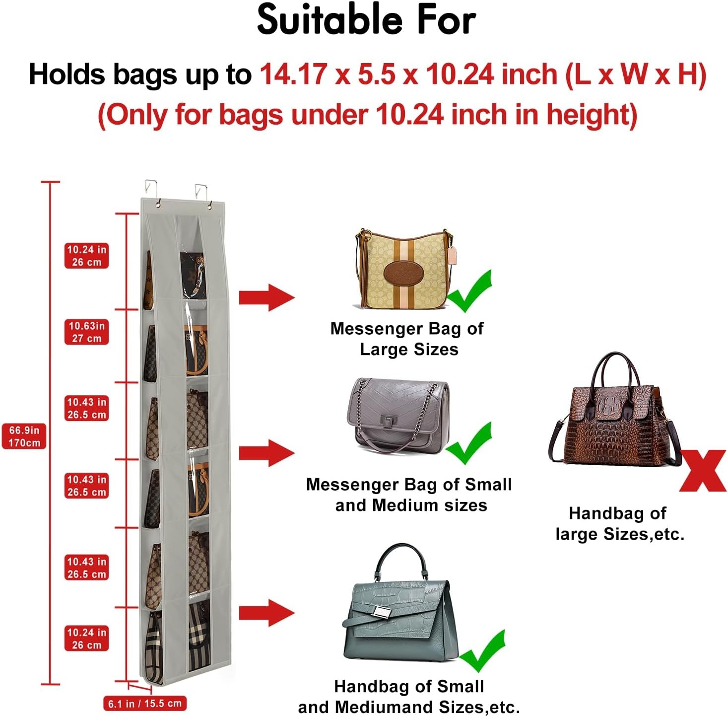 image:imageLirex Over The Door Purse Organizer SpaceSaving Medium and Large Handbag Storage Organizer Clothing Closet Hanger GreyGrey