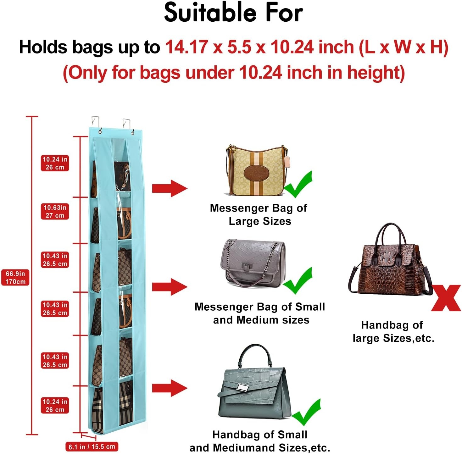 image:imageLirex Over The Door Purse Organizer SpaceSaving Medium and Large Handbag Storage Organizer Clothing Closet Hanger GreyLight Blue