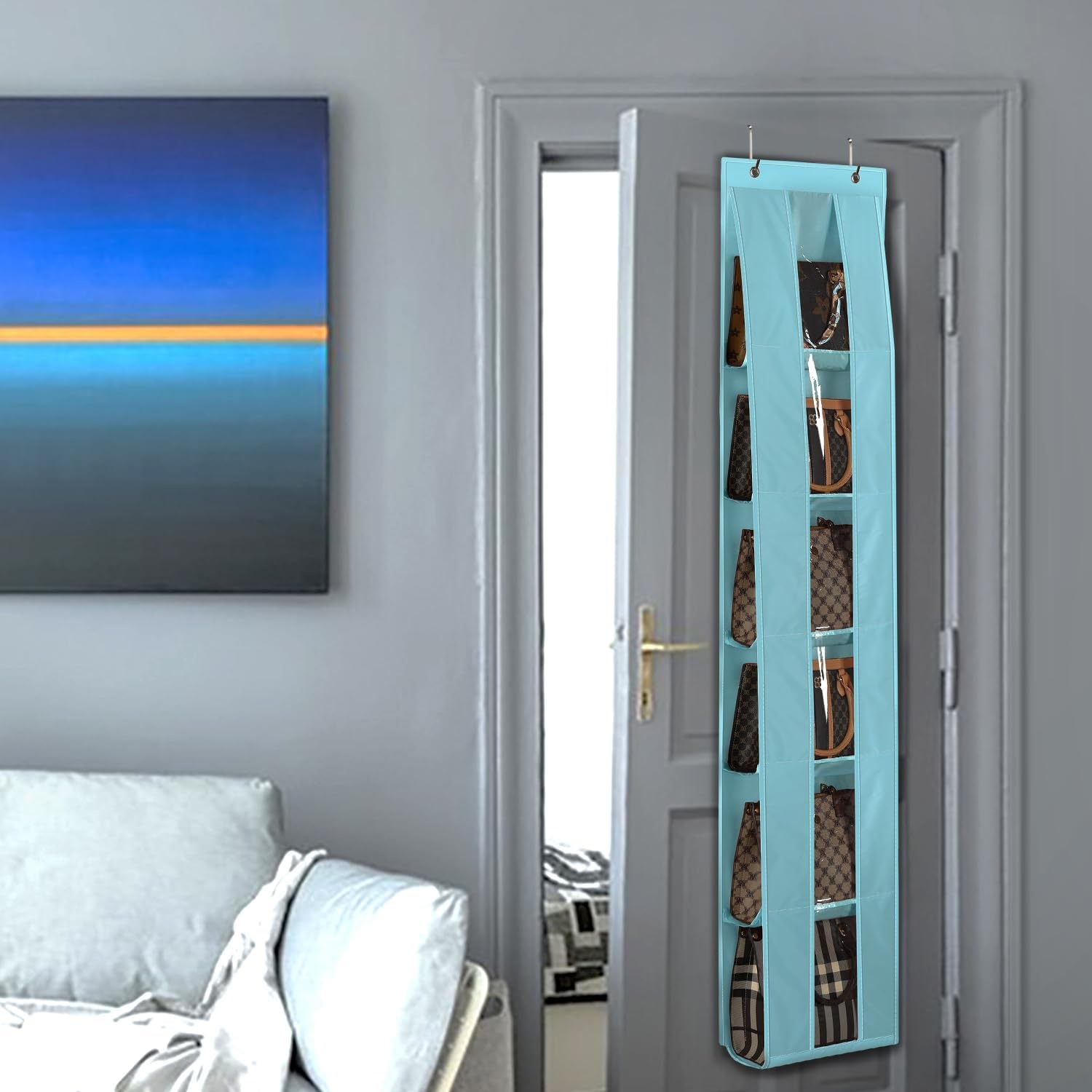 image:imageLirex Over The Door Purse Organizer SpaceSaving Medium and Large Handbag Storage Organizer Clothing Closet Hanger GreyLight Blue