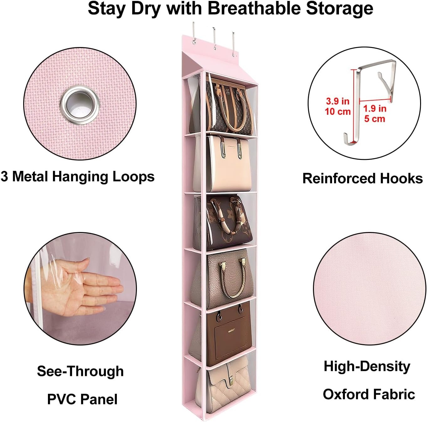 image:imageLirex Over The Door Purse Organizer amp Purse Shelf for Closet Handbag Storage Organizer with Purse Hanger Perfect for Scarves Hats and Leggings L 157 x 57 x 68 GreyPink