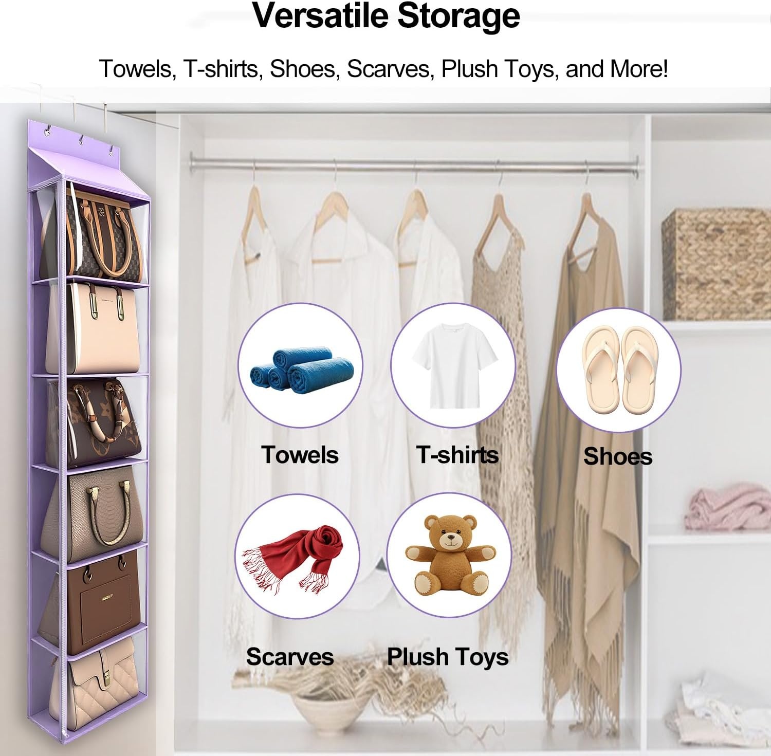 image:imageLirex Over The Door Purse Organizer amp Purse Shelf for Closet Handbag Storage Organizer with Purse Hanger Perfect for Scarves Hats and Leggings L 157 x 57 x 68 GreyPurple