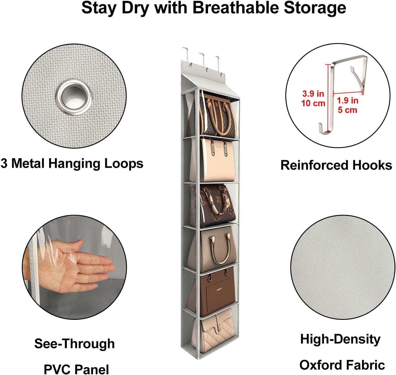 image:imageLirex Over The Door Purse Organizer amp Purse Shelf for Closet Handbag Storage Organizer with Purse Hanger Perfect for Scarves Hats and Leggings L 157 x 57 x 68 GreyLight Grey