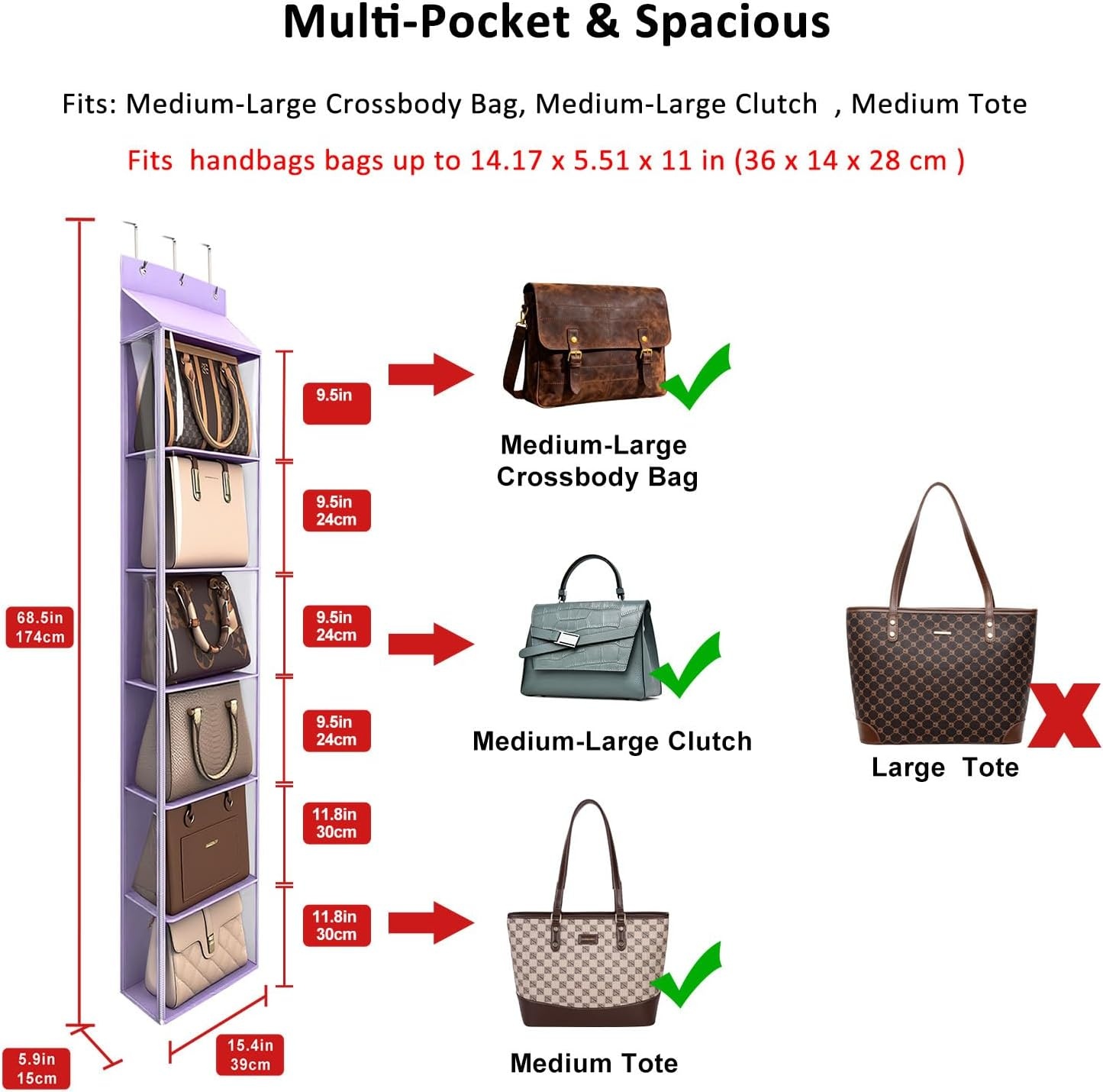 image:imageLirex Over The Door Purse Organizer amp Purse Shelf for Closet Handbag Storage Organizer with Purse Hanger Perfect for Scarves Hats and Leggings L 157 x 57 x 68 GreyPurple