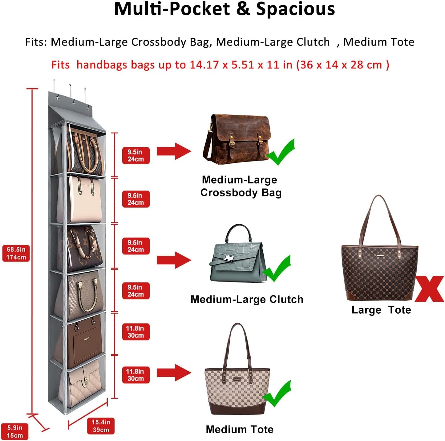 image:imageLirex Over The Door Purse Organizer amp Purse Shelf for Closet Handbag Storage Organizer with Purse Hanger Perfect for Scarves Hats and Leggings L 157 x 57 x 68 GreyGrey