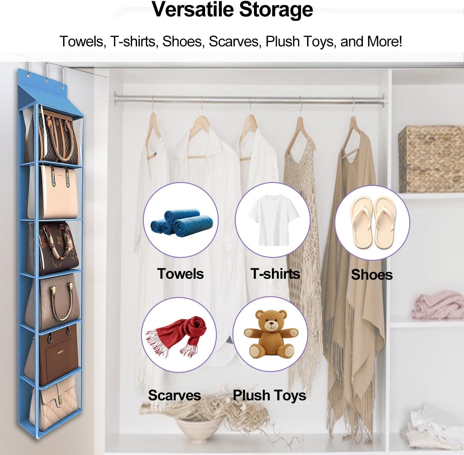 image:imageLirex Over The Door Purse Organizer amp Purse Shelf for Closet Handbag Storage Organizer with Purse Hanger Perfect for Scarves Hats and Leggings L 157 x 57 x 68 GreyBlue