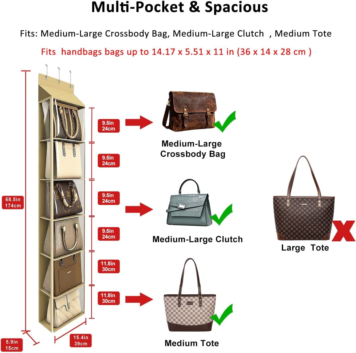 image:imageLirex Over The Door Purse Organizer amp Purse Shelf for Closet Handbag Storage Organizer with Purse Hanger Perfect for Scarves Hats and Leggings L 157 x 57 x 68 GreyLight Coffee