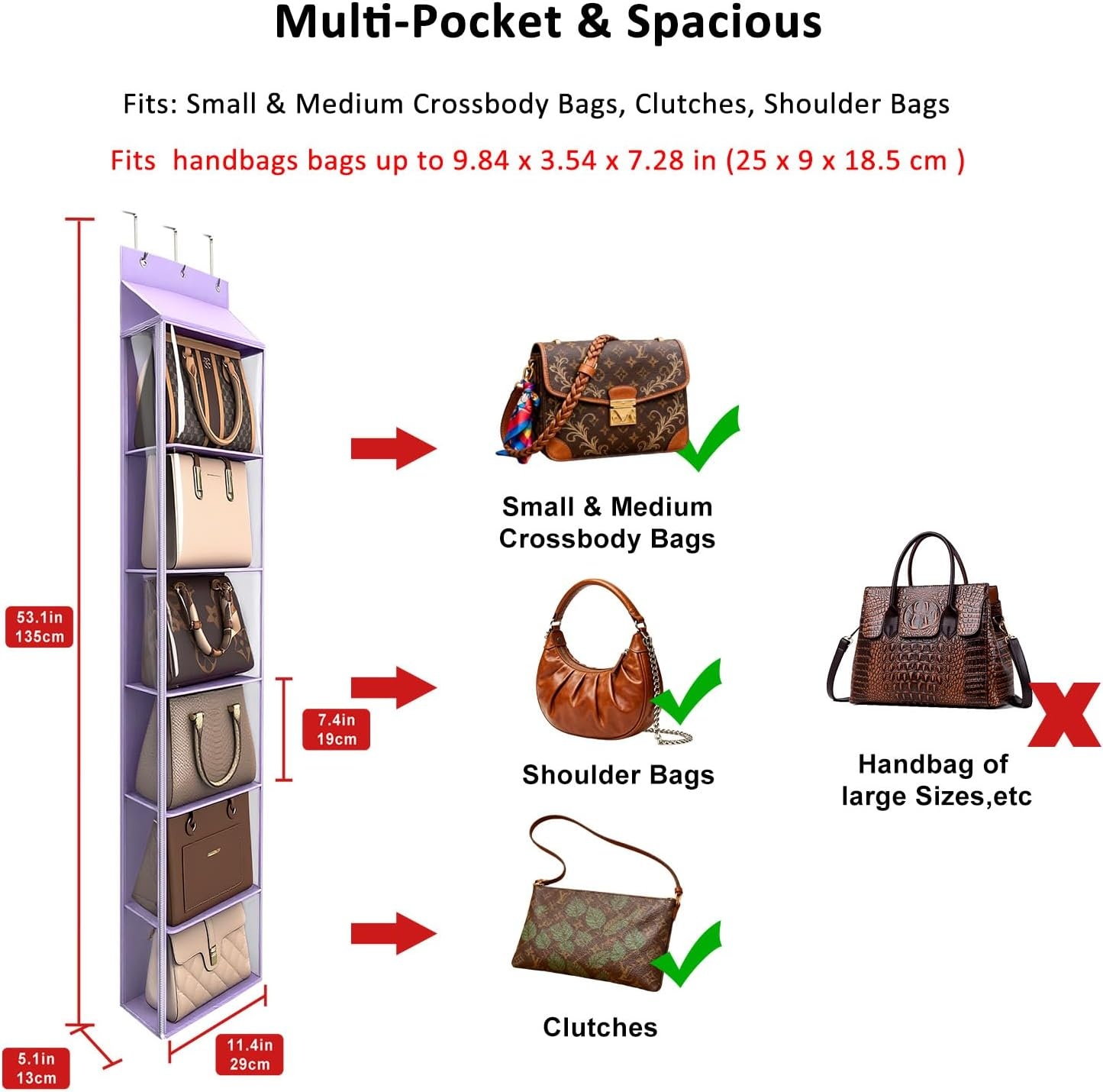 image:imageLirex Over The Door Purse Organizer amp Purse Shelf for Closet Handbag Storage Organizer with Purse Hanger Perfect for Scarves Hats and Leggings L 157 x 57 x 68 GreyPurple