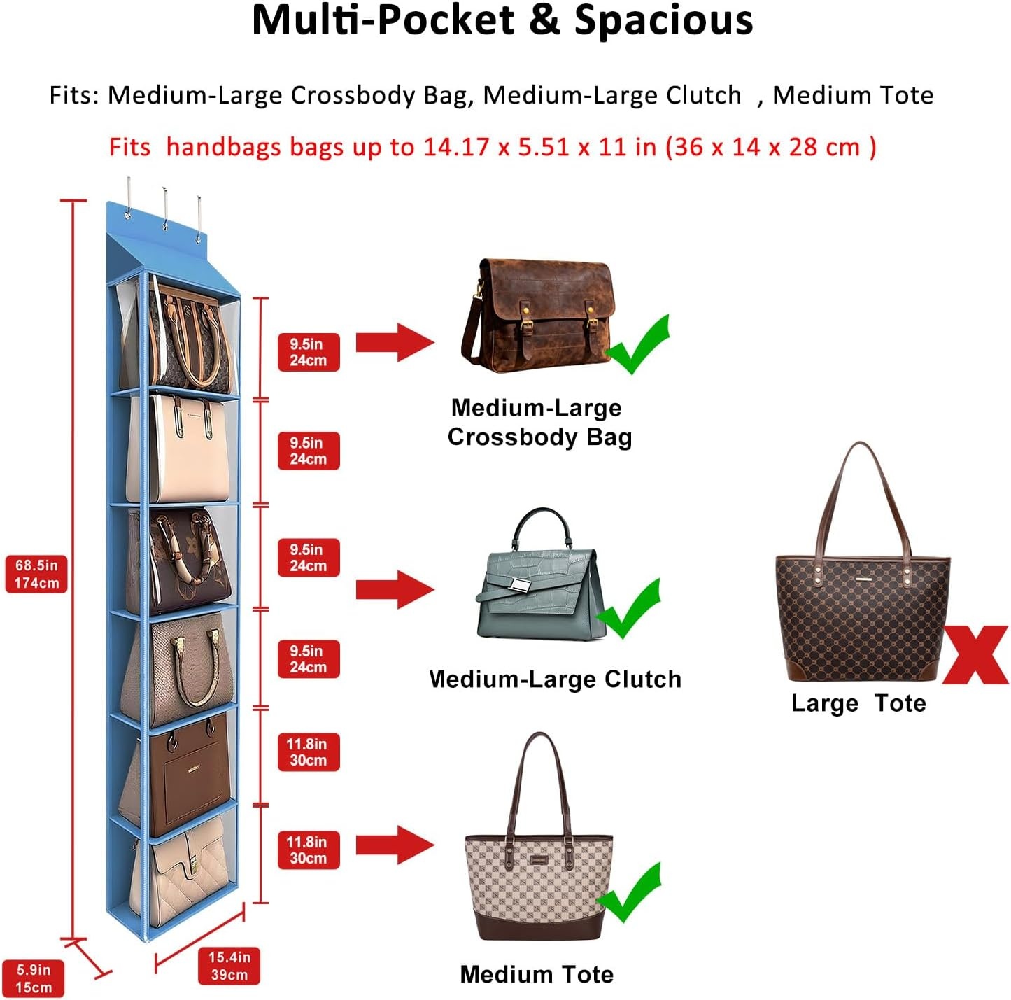 image:imageLirex Over The Door Purse Organizer amp Purse Shelf for Closet Handbag Storage Organizer with Purse Hanger Perfect for Scarves Hats and Leggings L 157 x 57 x 68 GreyBlue