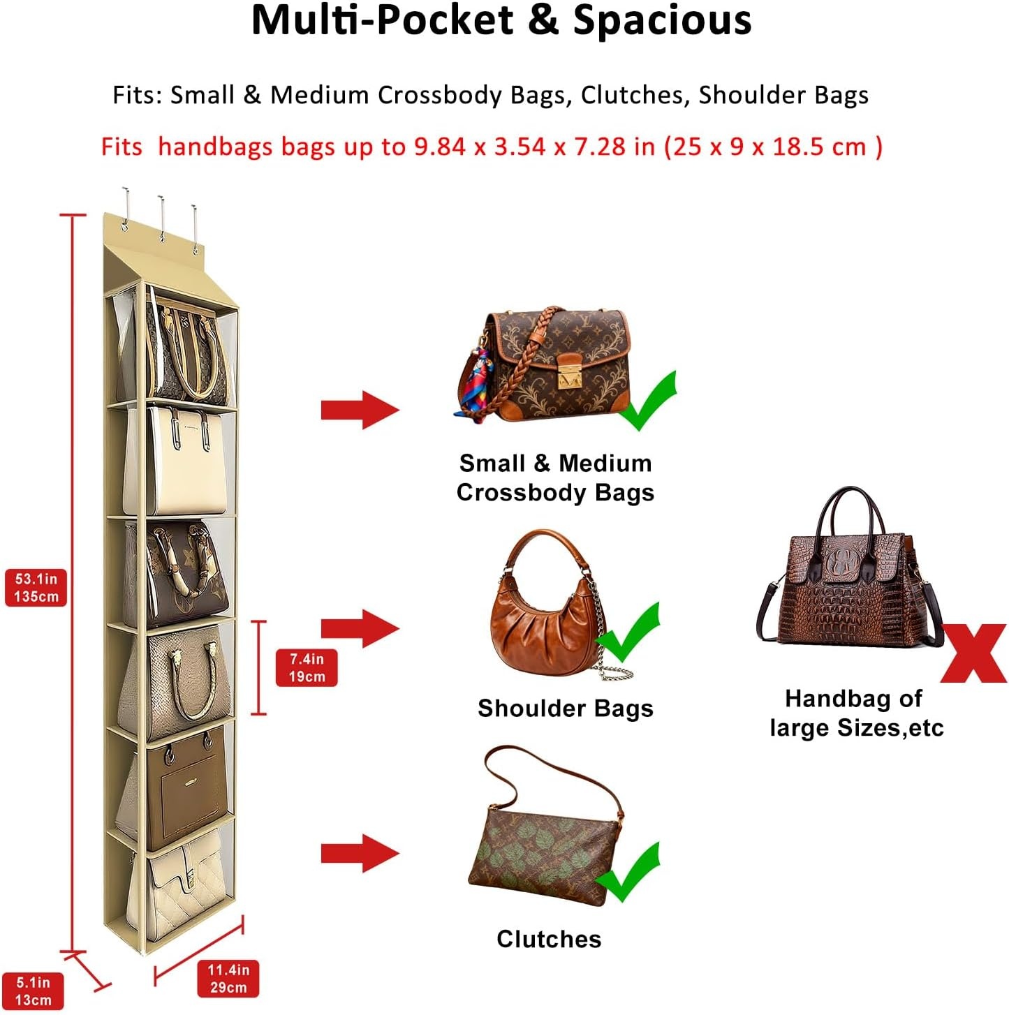 image:imageLirex Over The Door Purse Organizer amp Purse Shelf for Closet Handbag Storage Organizer with Purse Hanger Perfect for Scarves Hats and Leggings L 157 x 57 x 68 GreyLight Coffee