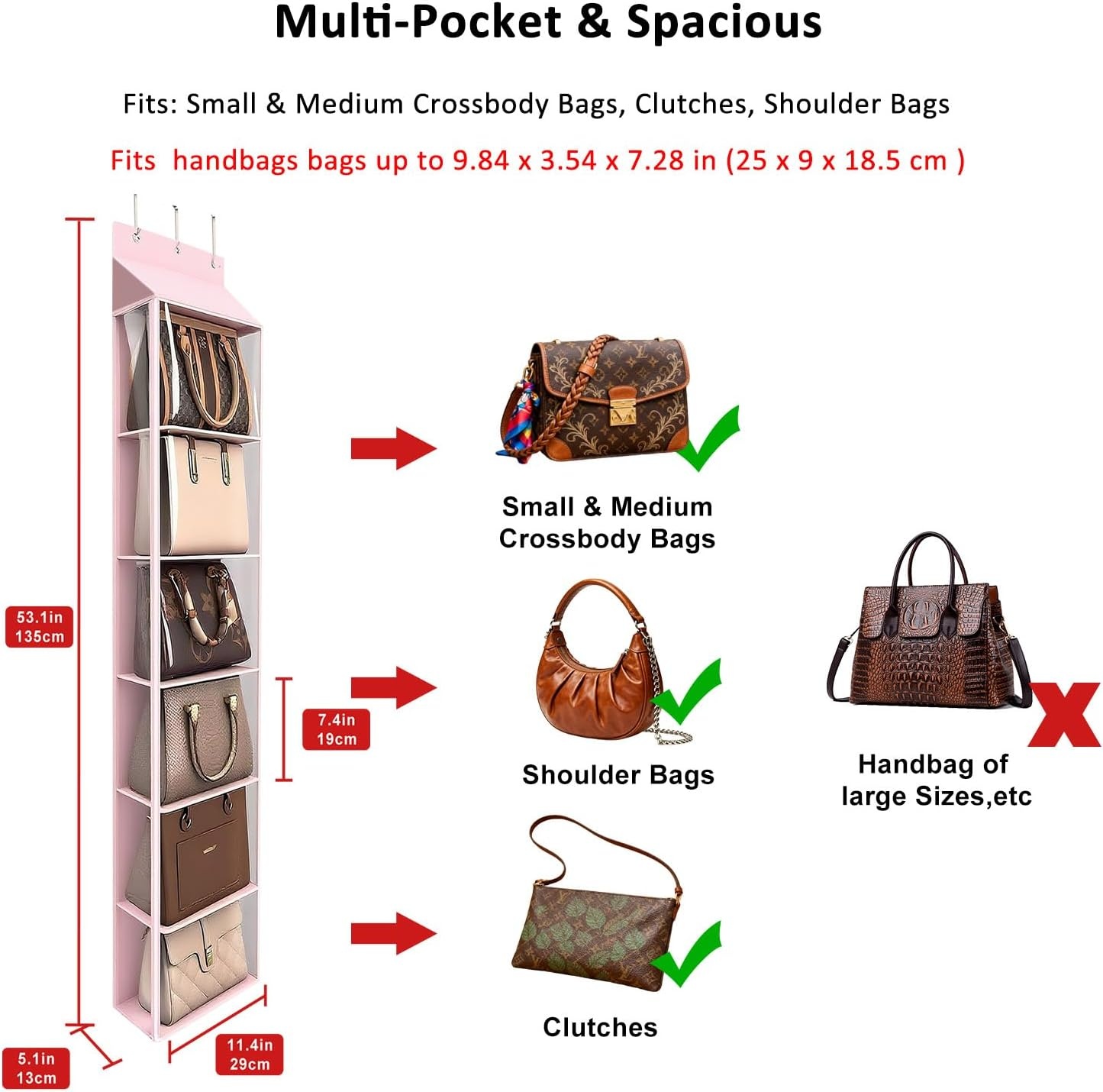 image:imageLirex Over The Door Purse Organizer amp Purse Shelf for Closet Handbag Storage Organizer with Purse Hanger Perfect for Scarves Hats and Leggings L 157 x 57 x 68 GreyPink