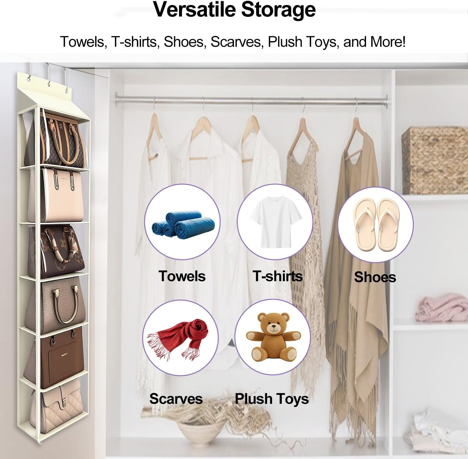image:imageLirex Over The Door Purse Organizer amp Purse Shelf for Closet Handbag Storage Organizer with Purse Hanger Perfect for Scarves Hats and Leggings L 157 x 57 x 68 GreyCream White