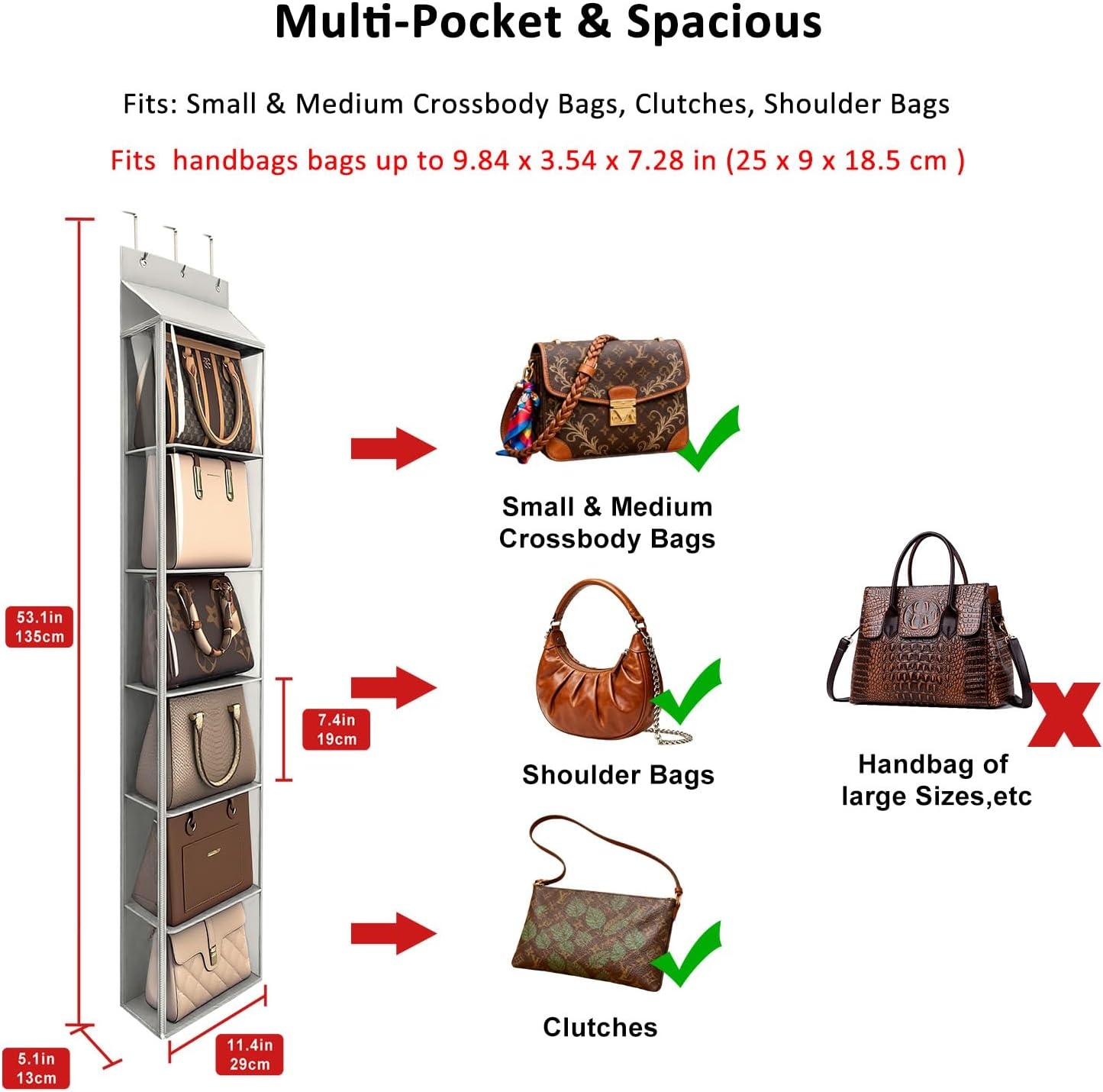 image:imageLirex Over The Door Purse Organizer amp Purse Shelf for Closet Handbag Storage Organizer with Purse Hanger Perfect for Scarves Hats and Leggings L 157 x 57 x 68 GreyLight Grey