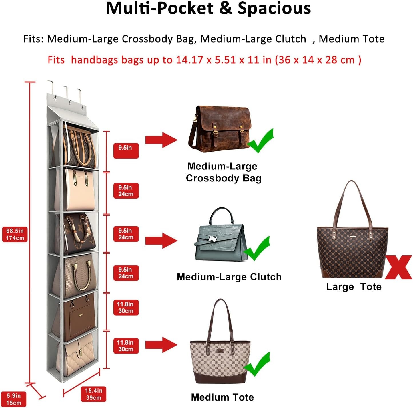 image:imageLirex Over The Door Purse Organizer amp Purse Shelf for Closet Handbag Storage Organizer with Purse Hanger Perfect for Scarves Hats and Leggings L 157 x 57 x 68 GreyLight Grey