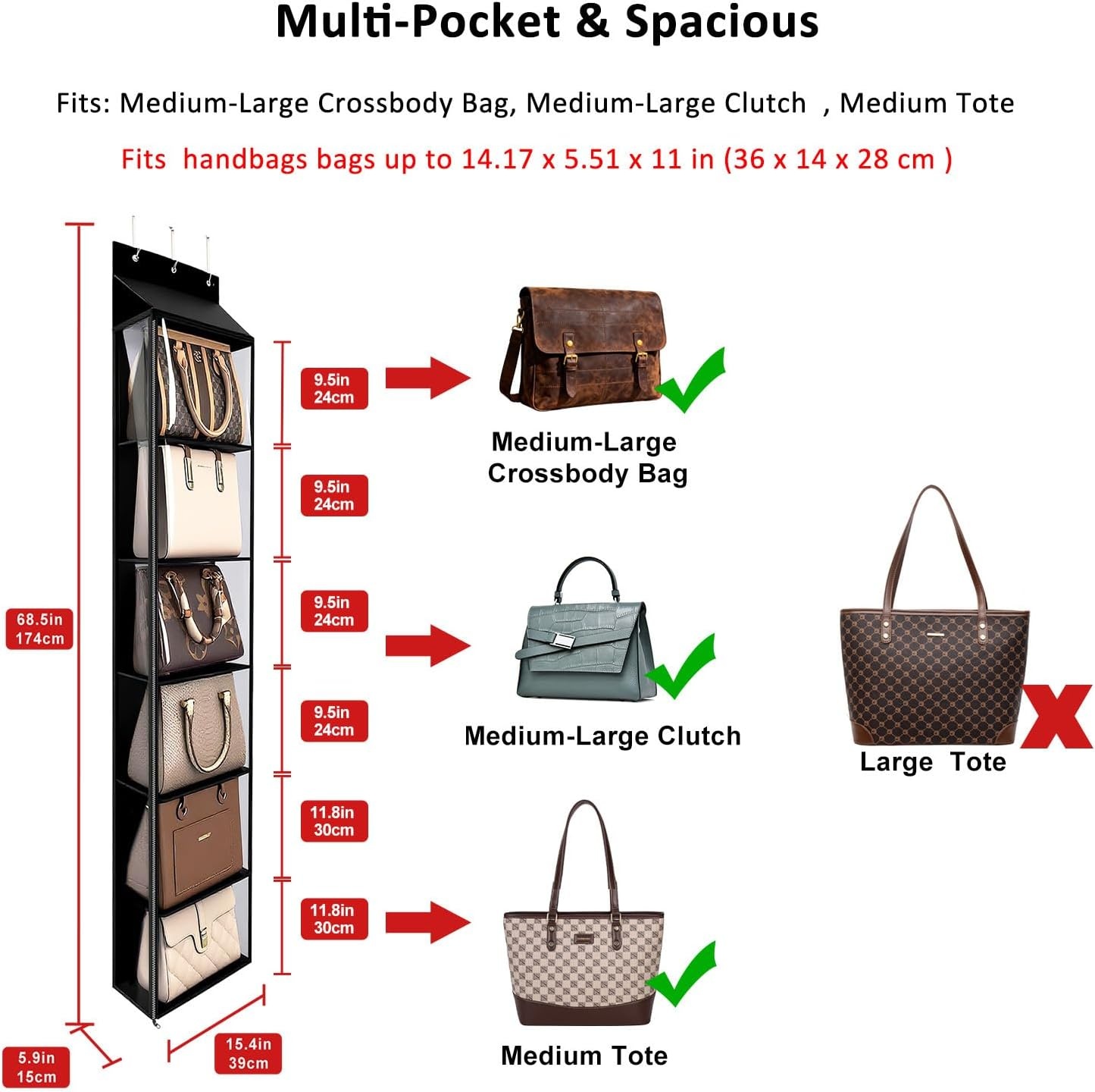 image:imageLirex Over The Door Purse Organizer amp Purse Shelf for Closet Handbag Storage Organizer with Purse Hanger Perfect for Scarves Hats and Leggings L 157 x 57 x 68 GreyBlack