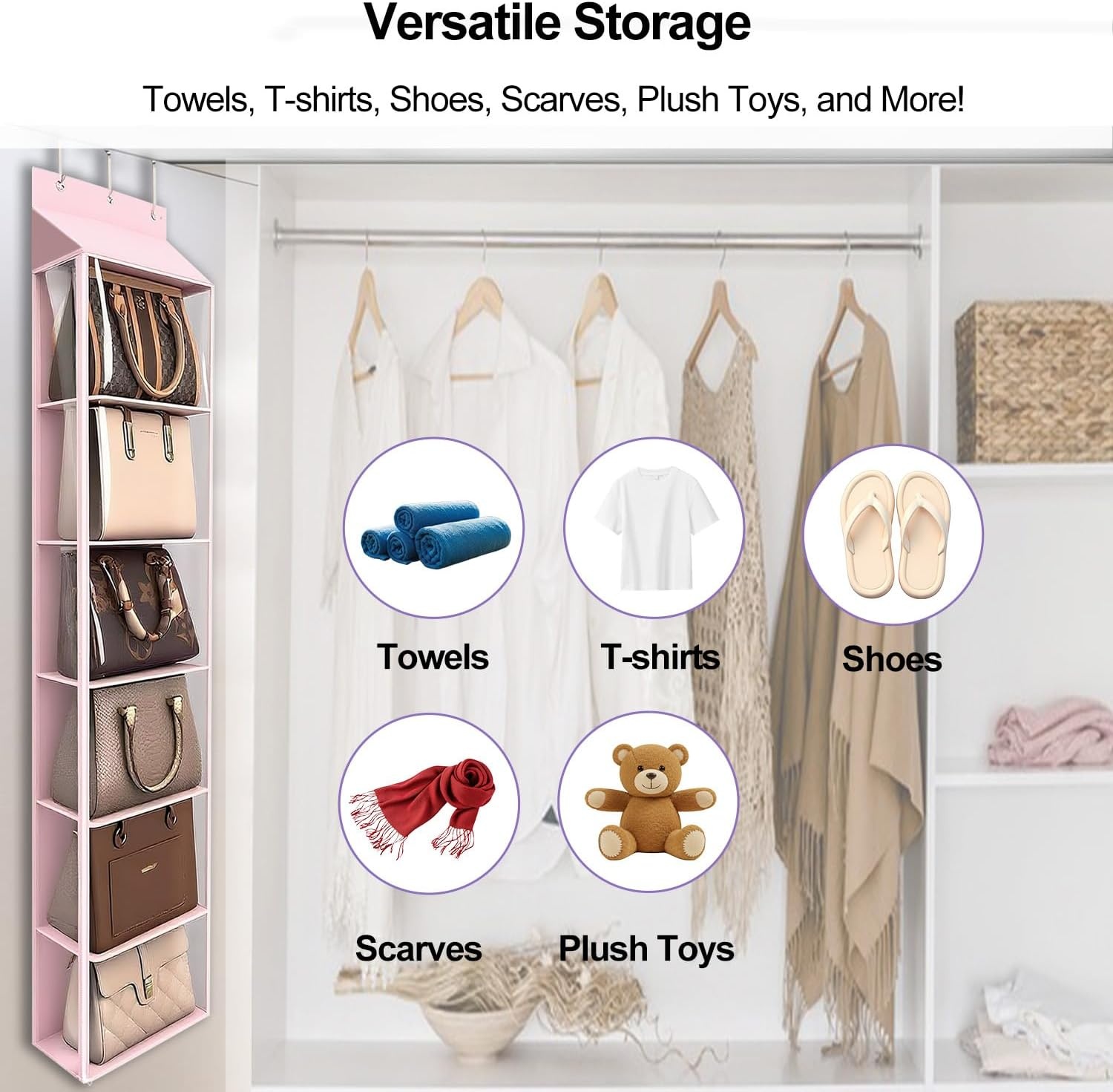 image:imageLirex Over The Door Purse Organizer amp Purse Shelf for Closet Handbag Storage Organizer with Purse Hanger Perfect for Scarves Hats and Leggings L 157 x 57 x 68 GreyPink