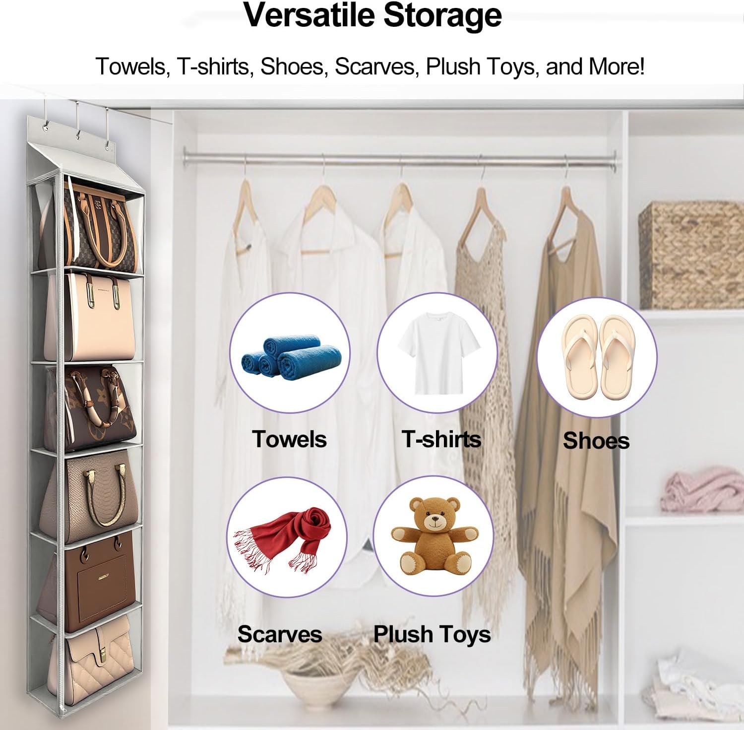 image:imageLirex Over The Door Purse Organizer amp Purse Shelf for Closet Handbag Storage Organizer with Purse Hanger Perfect for Scarves Hats and Leggings L 157 x 57 x 68 GreyLight Grey