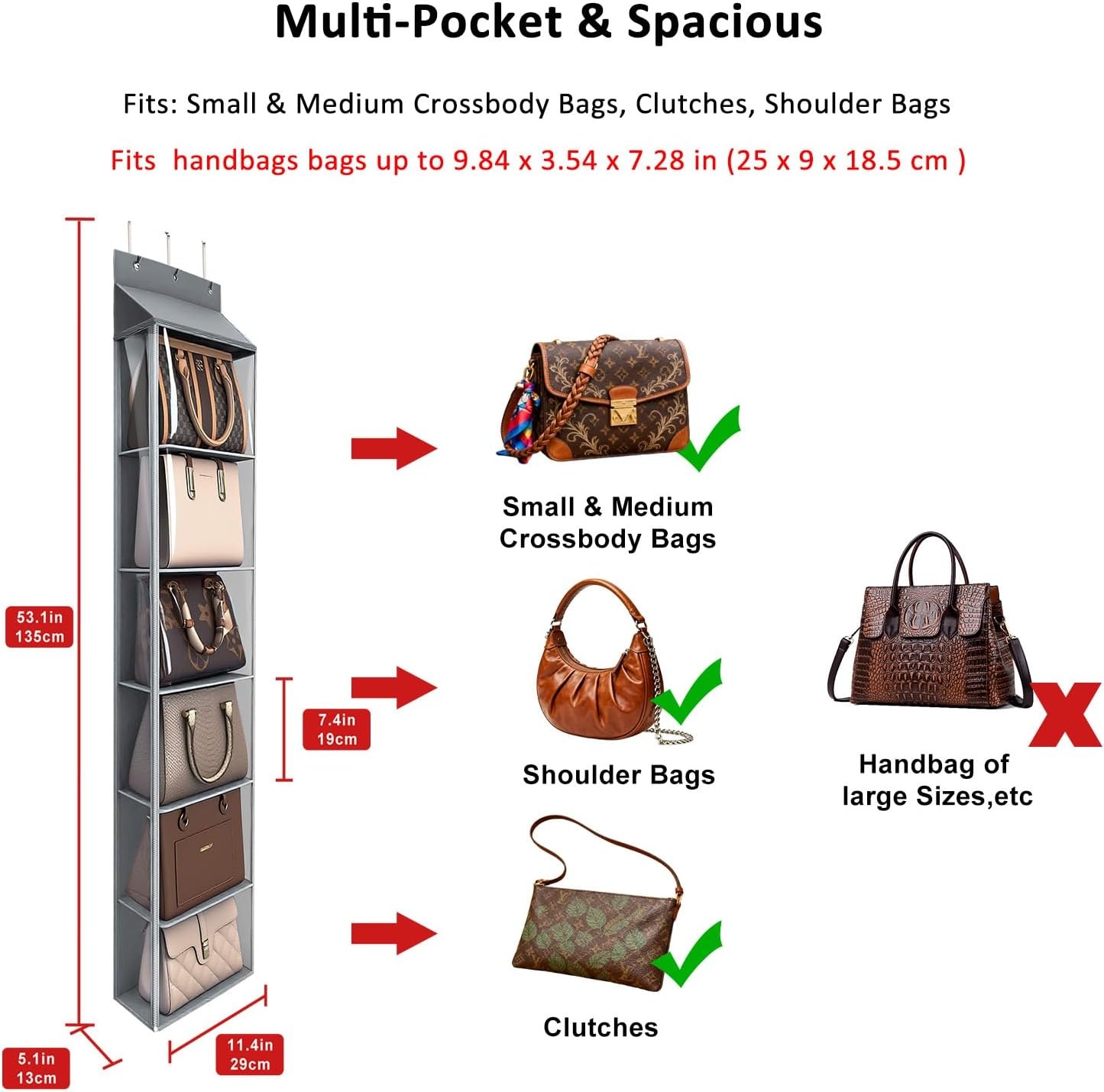 image:imageLirex Over The Door Purse Organizer amp Purse Shelf for Closet Handbag Storage Organizer with Purse Hanger Perfect for Scarves Hats and Leggings L 157 x 57 x 68 GreyGrey