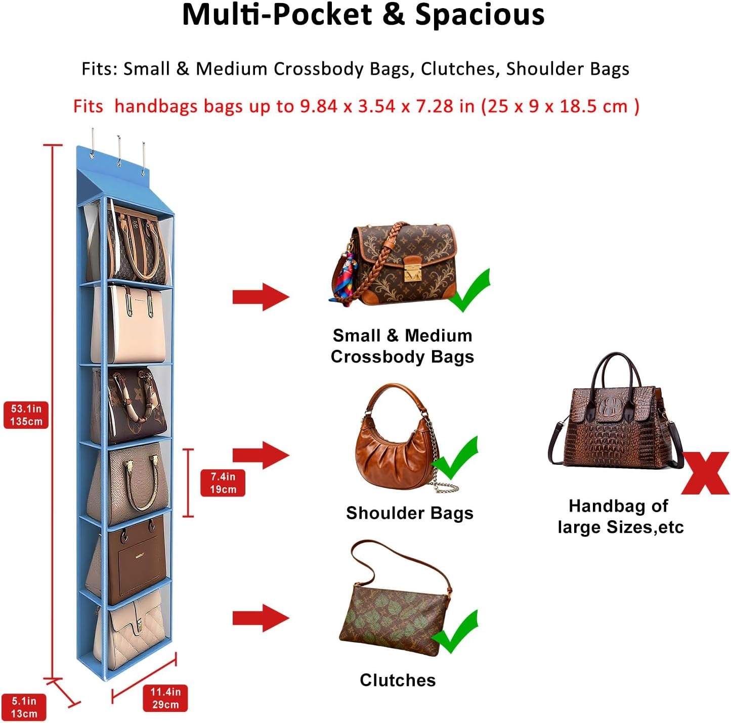 image:imageLirex Over The Door Purse Organizer amp Purse Shelf for Closet Handbag Storage Organizer with Purse Hanger Perfect for Scarves Hats and Leggings L 157 x 57 x 68 GreyBlue
