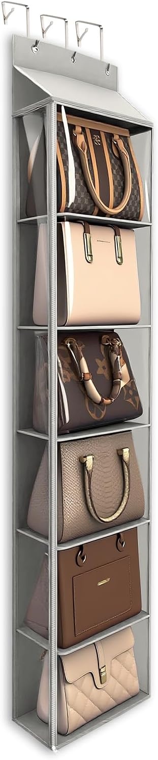 image:imageLirex Over The Door Purse Organizer amp Purse Shelf for Closet Handbag Storage Organizer with Purse Hanger Perfect for Scarves Hats and Leggings L 157 x 57 x 68 GreyLight Grey