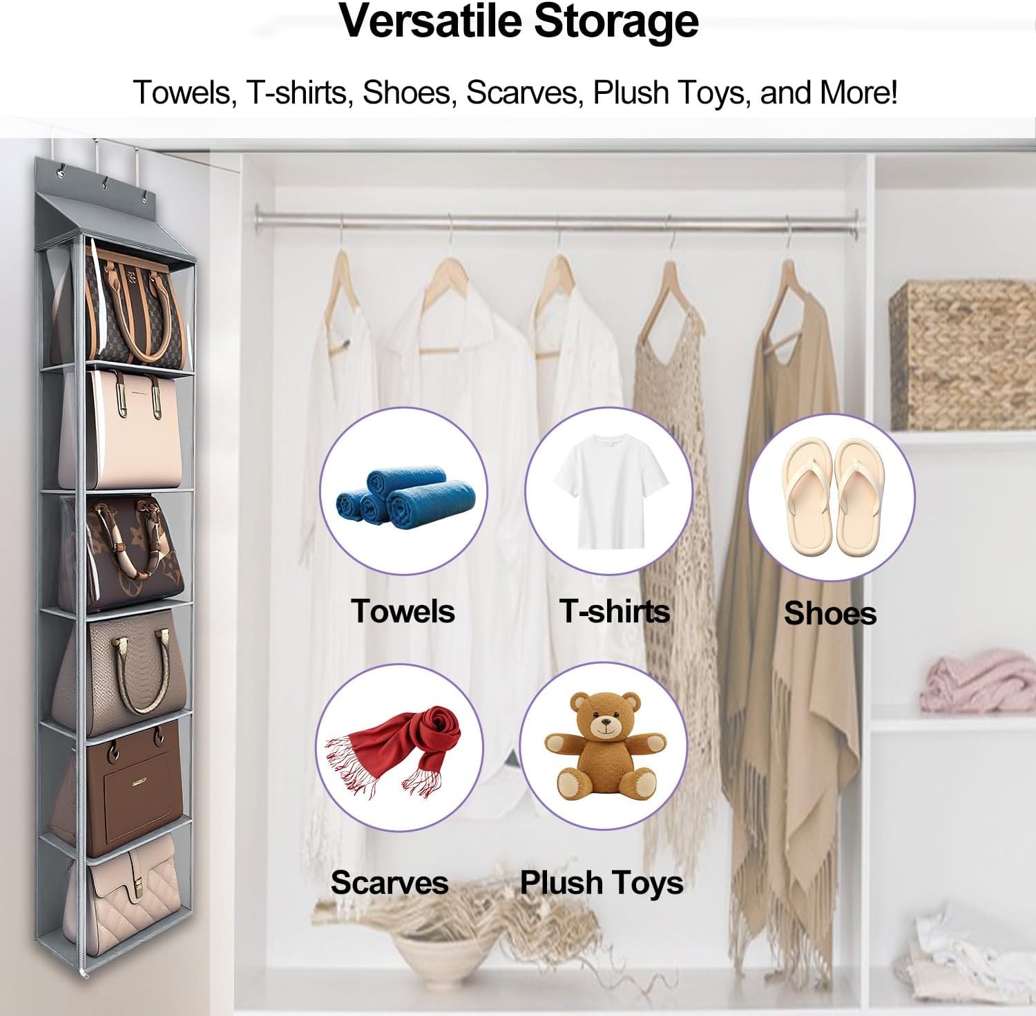 image:imageLirex Over The Door Purse Organizer amp Purse Shelf for Closet Handbag Storage Organizer with Purse Hanger Perfect for Scarves Hats and Leggings L 157 x 57 x 68 GreyGrey