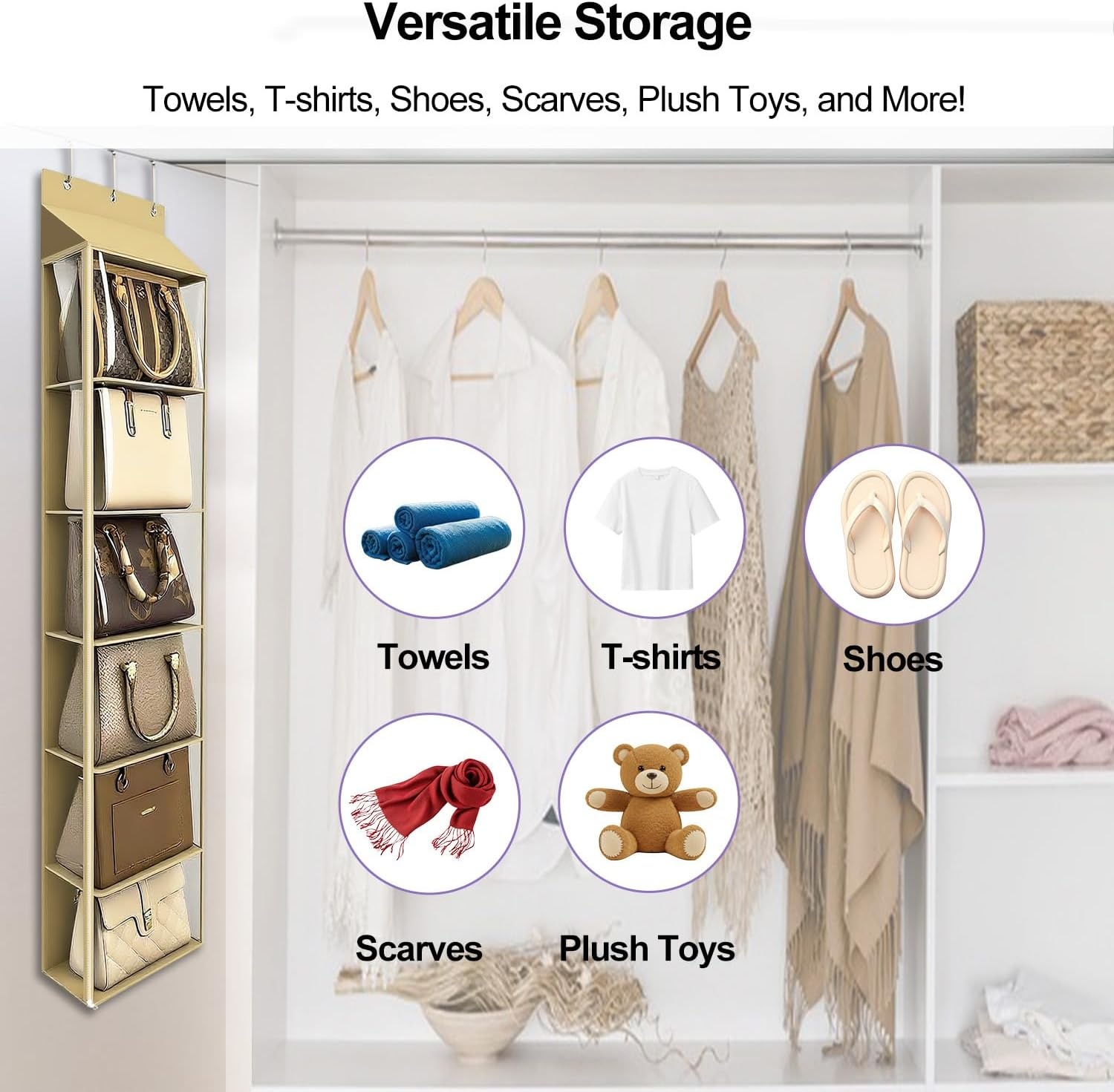 image:imageLirex Over The Door Purse Organizer amp Purse Shelf for Closet Handbag Storage Organizer with Purse Hanger Perfect for Scarves Hats and Leggings L 157 x 57 x 68 GreyLight Coffee