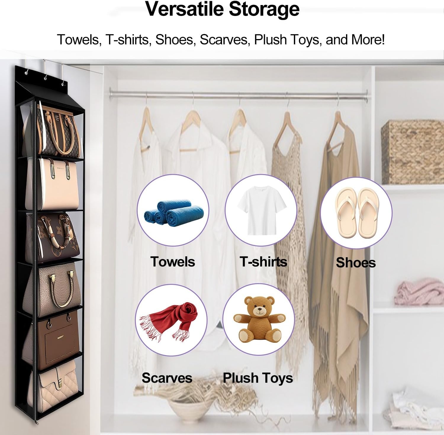 image:imageLirex Over The Door Purse Organizer amp Purse Shelf for Closet Handbag Storage Organizer with Purse Hanger Perfect for Scarves Hats and Leggings L 157 x 57 x 68 GreyBlack