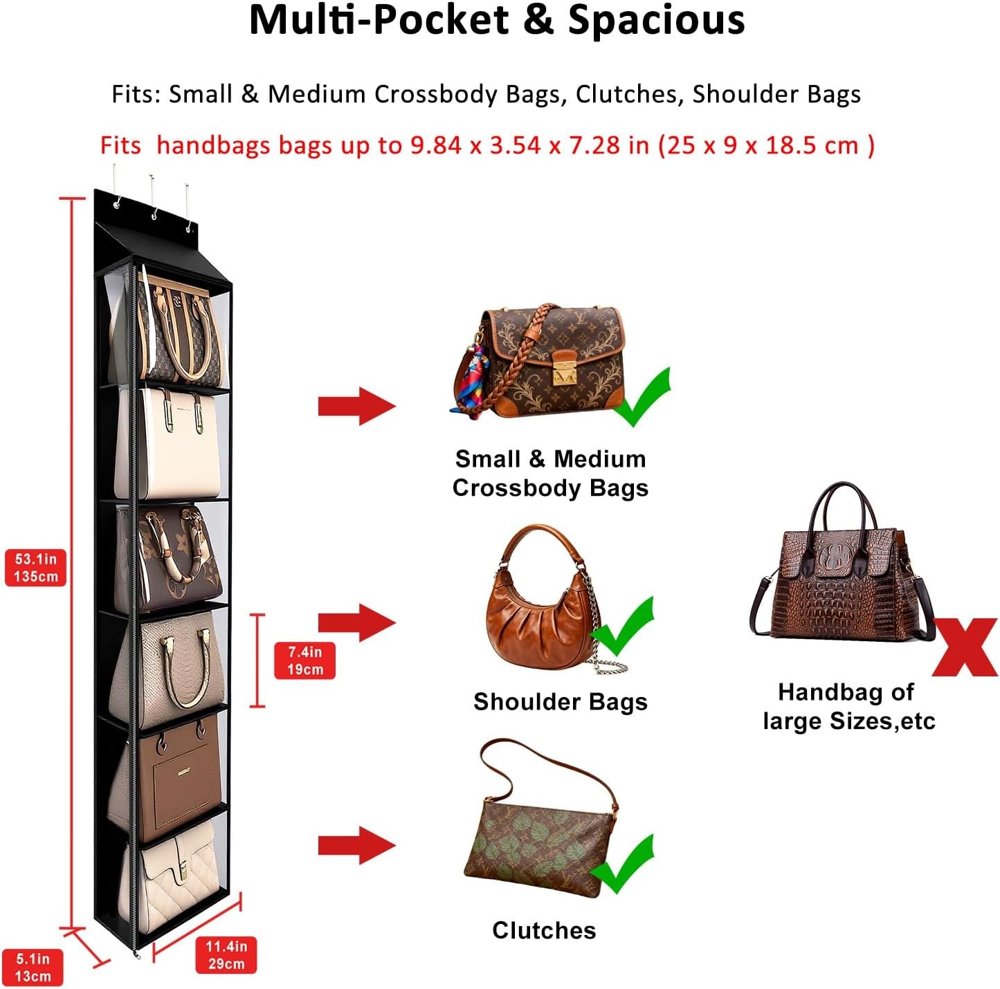 image:imageLirex Over The Door Purse Organizer amp Purse Shelf for Closet Handbag Storage Organizer with Purse Hanger Perfect for Scarves Hats and Leggings L 157 x 57 x 68 GreyBlack