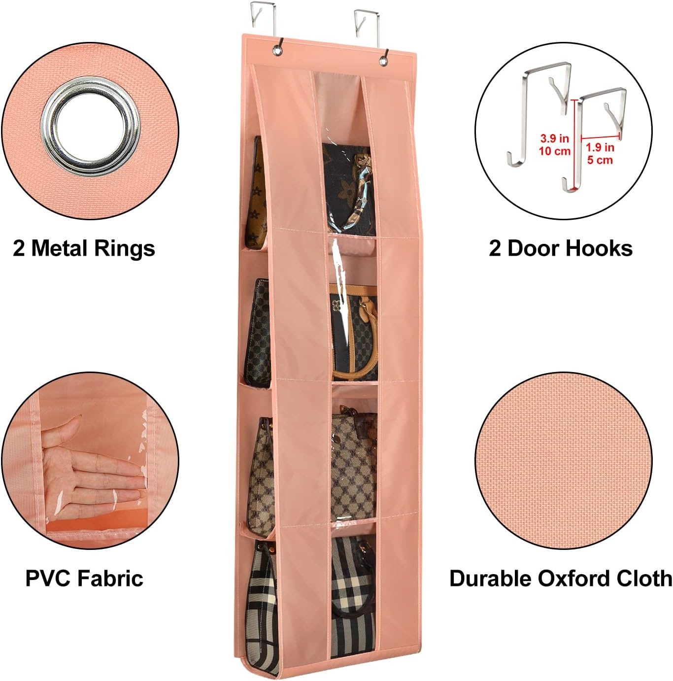 image:imageLirex Over the Door Purse Organizer Handbag Storage with 4 Clear Pockets Foldable for Purses Scarves Clothing and Leggings Hanging Closet Organizer BrownLight Pink