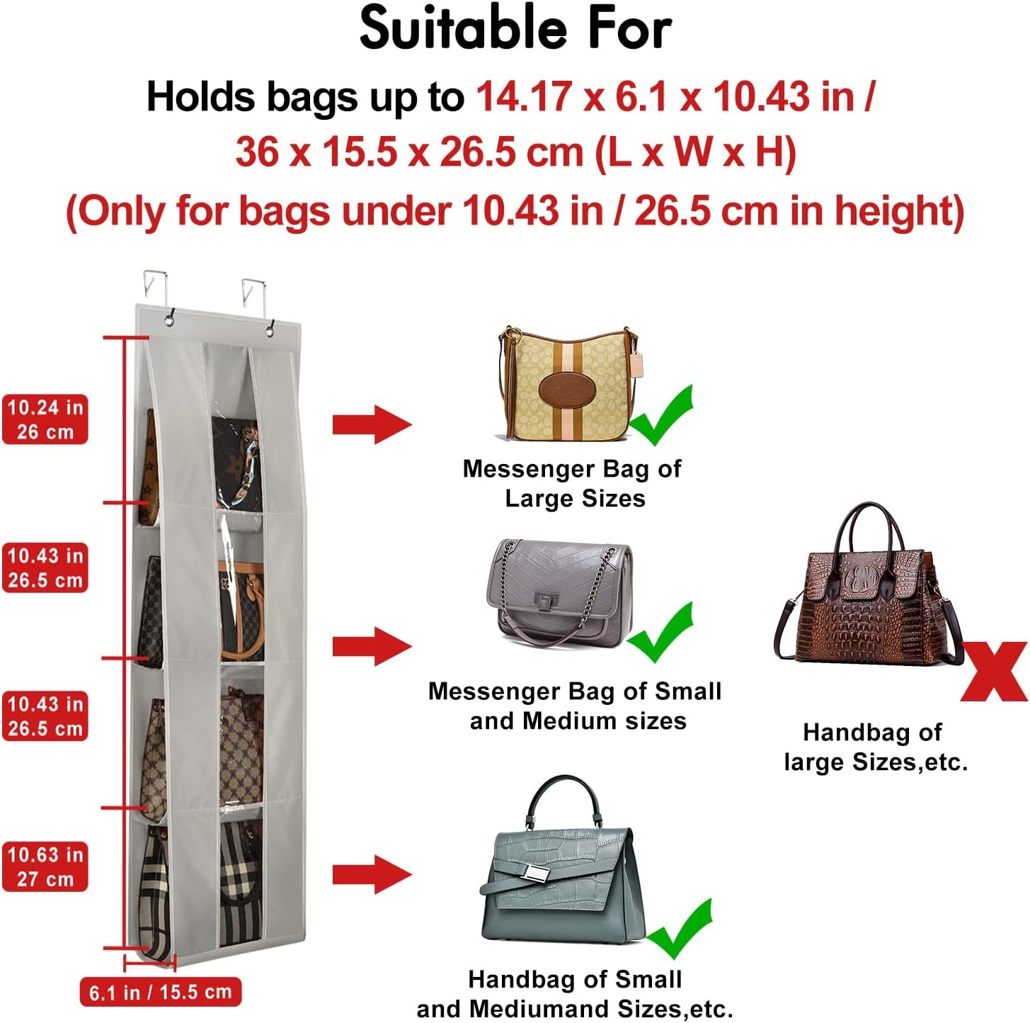 image:imageLirex Over the Door Purse Organizer Handbag Storage with 4 Clear Pockets Foldable for Purses Scarves Clothing and Leggings Hanging Closet Organizer BrownGray