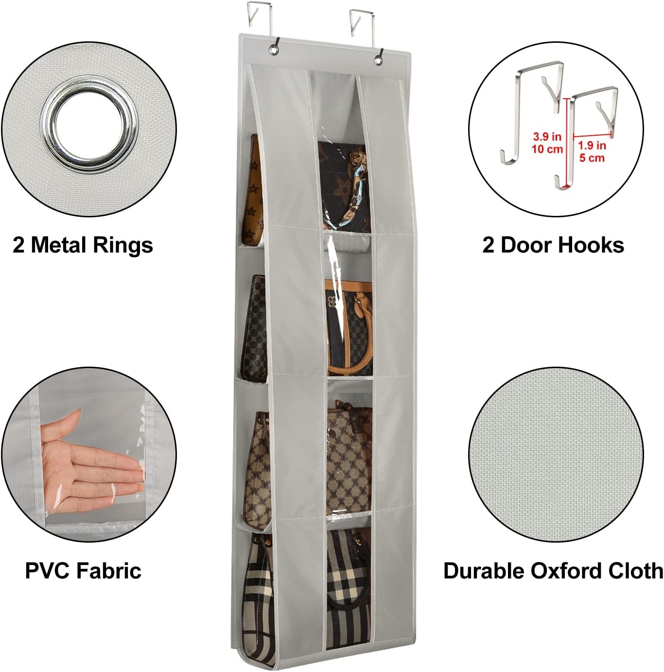 image:imageLirex Over the Door Purse Organizer Handbag Storage with 4 Clear Pockets Foldable for Purses Scarves Clothing and Leggings Hanging Closet Organizer BrownGray