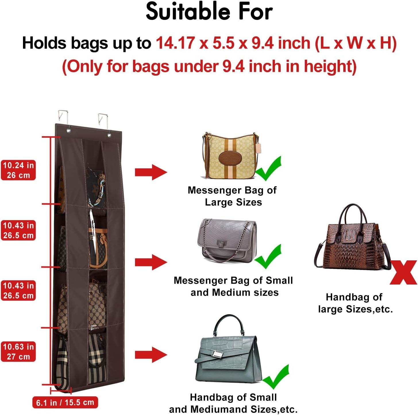 image:imageLirex Over the Door Purse Organizer handbag storage organizer with 4 Clear Pockets Foldable purse storage scarf storage clothing organizer legging organizer for hanging closet organize GrayDark Brown