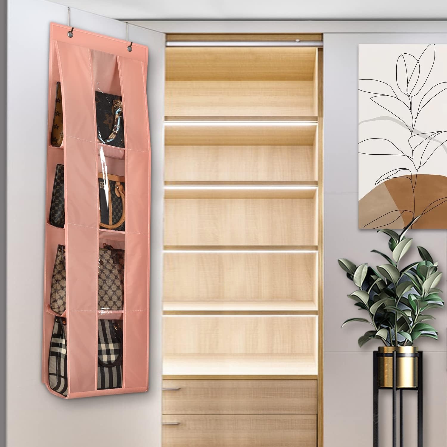 image:imageLirex Over the Door Purse Organizer handbag storage organizer with 4 Clear Pockets Foldable purse storage scarf storage clothing organizer legging organizer for hanging closet organize GrayLight Pink
