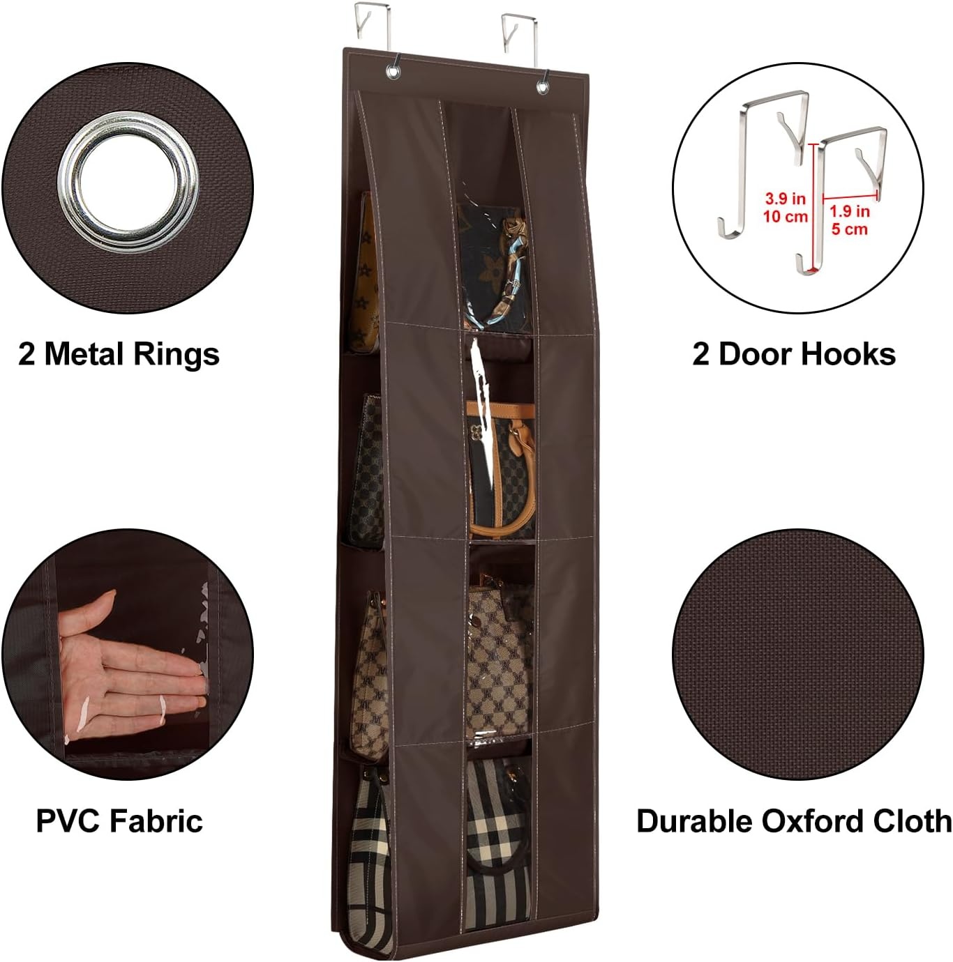image:imageLirex Over the Door Purse Organizer handbag storage organizer with 4 Clear Pockets Foldable purse storage scarf storage clothing organizer legging organizer for hanging closet organize GrayDark Brown