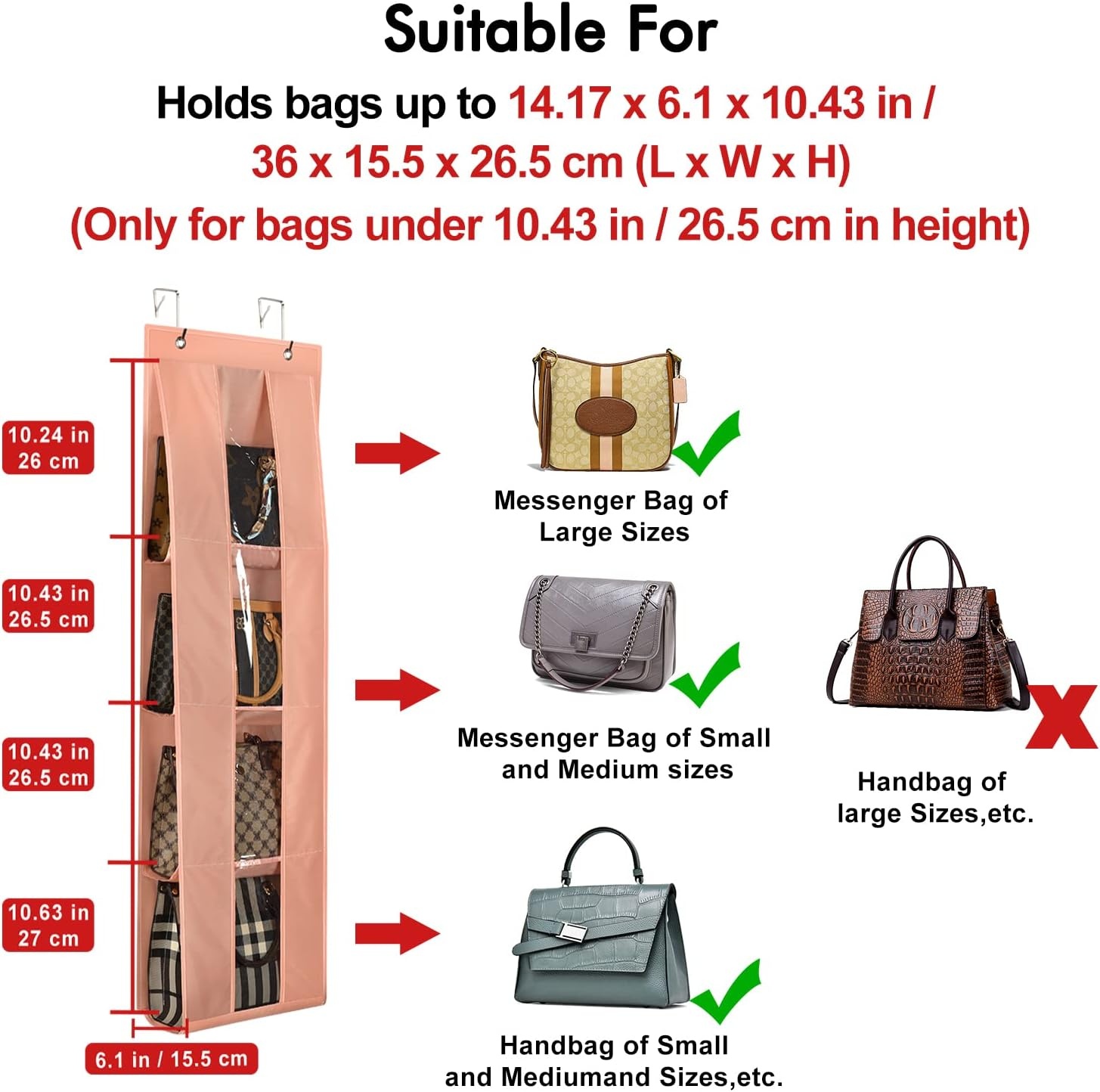 image:imageLirex Over the Door Purse Organizer handbag storage organizer with 4 Clear Pockets Foldable purse storage scarf storage clothing organizer legging organizer for hanging closet organize GrayLight Pink
