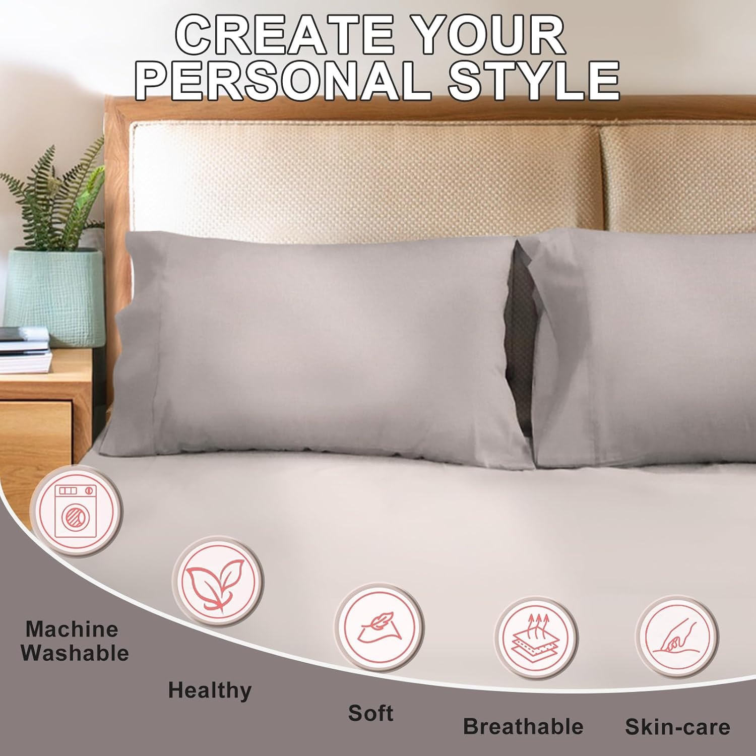 image:imageLirex Queen Pillow Cases Set of 2 100 Cotton Sateen Breathable Cooling Soft for Quality Sleep Pillow Covers with Envelope Closure 20 x 30 WhiteGrey