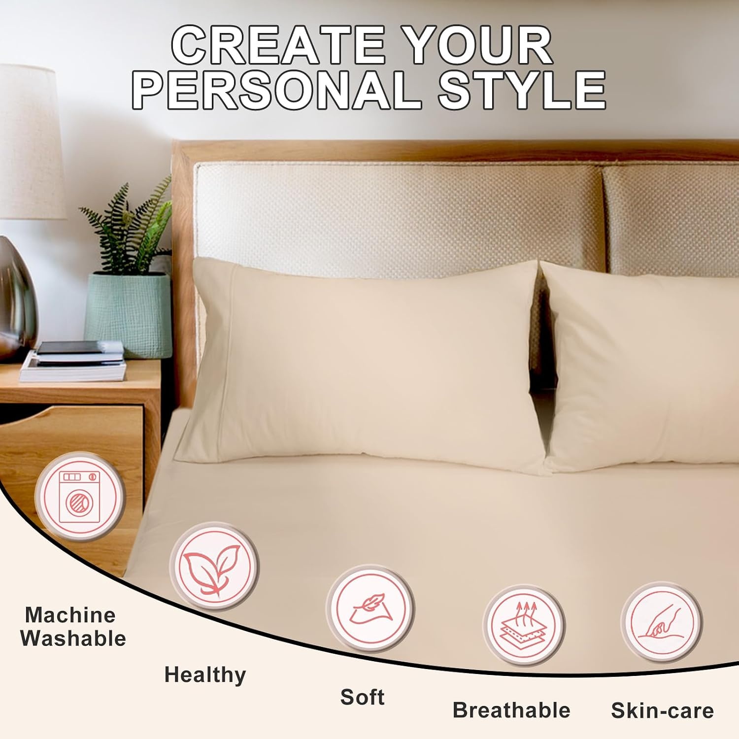 image:imageLirex Queen Pillow Cases Set of 2 100 Cotton Sateen Breathable Cooling Soft for Quality Sleep Pillow Covers with Envelope Closure 20 x 30 WhiteLight Khaki