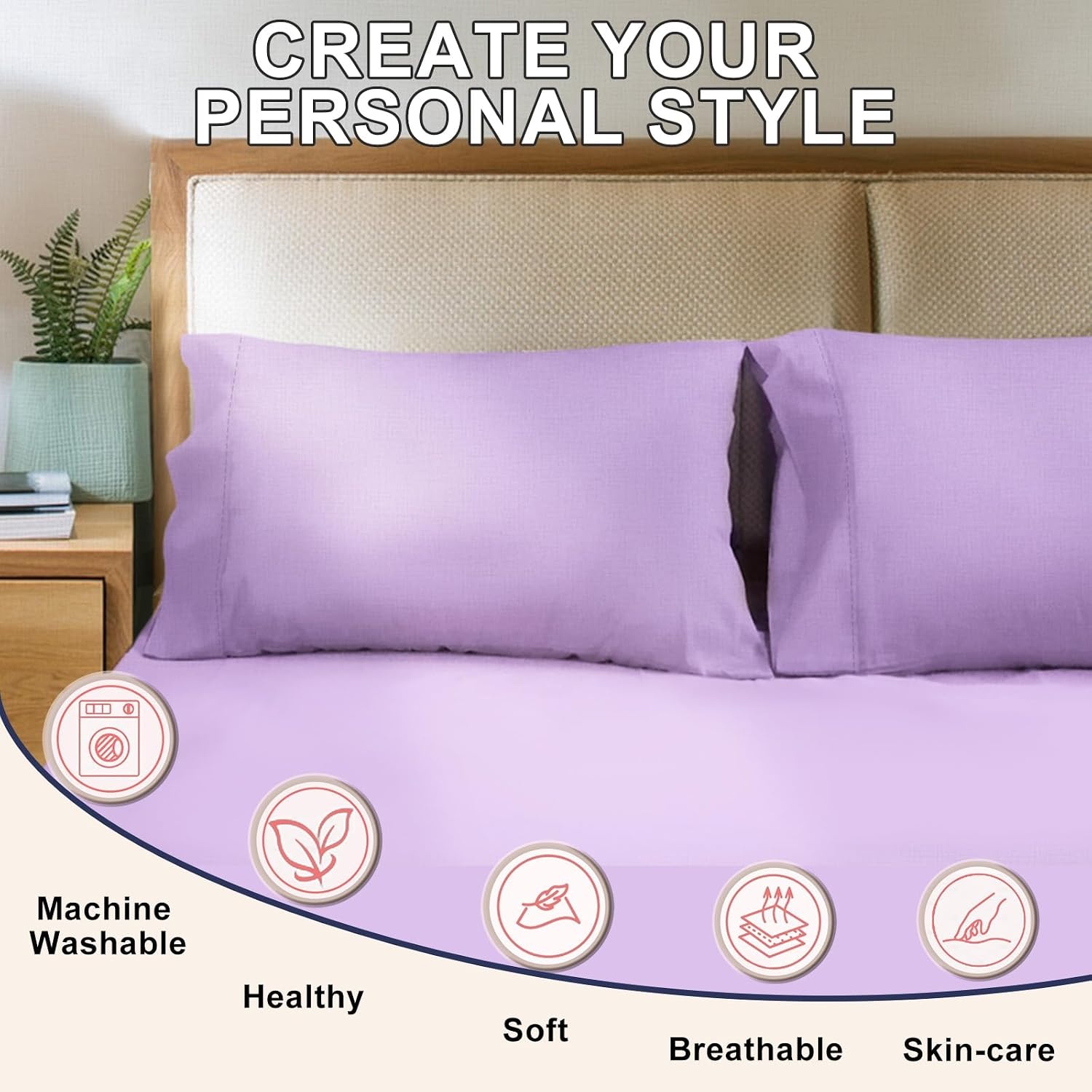 image:imageLirex Queen Pillow Cases Set of 2 100 Cotton Sateen Breathable Cooling Soft for Quality Sleep Pillow Covers with Envelope Closure 20 x 30 WhitePurple