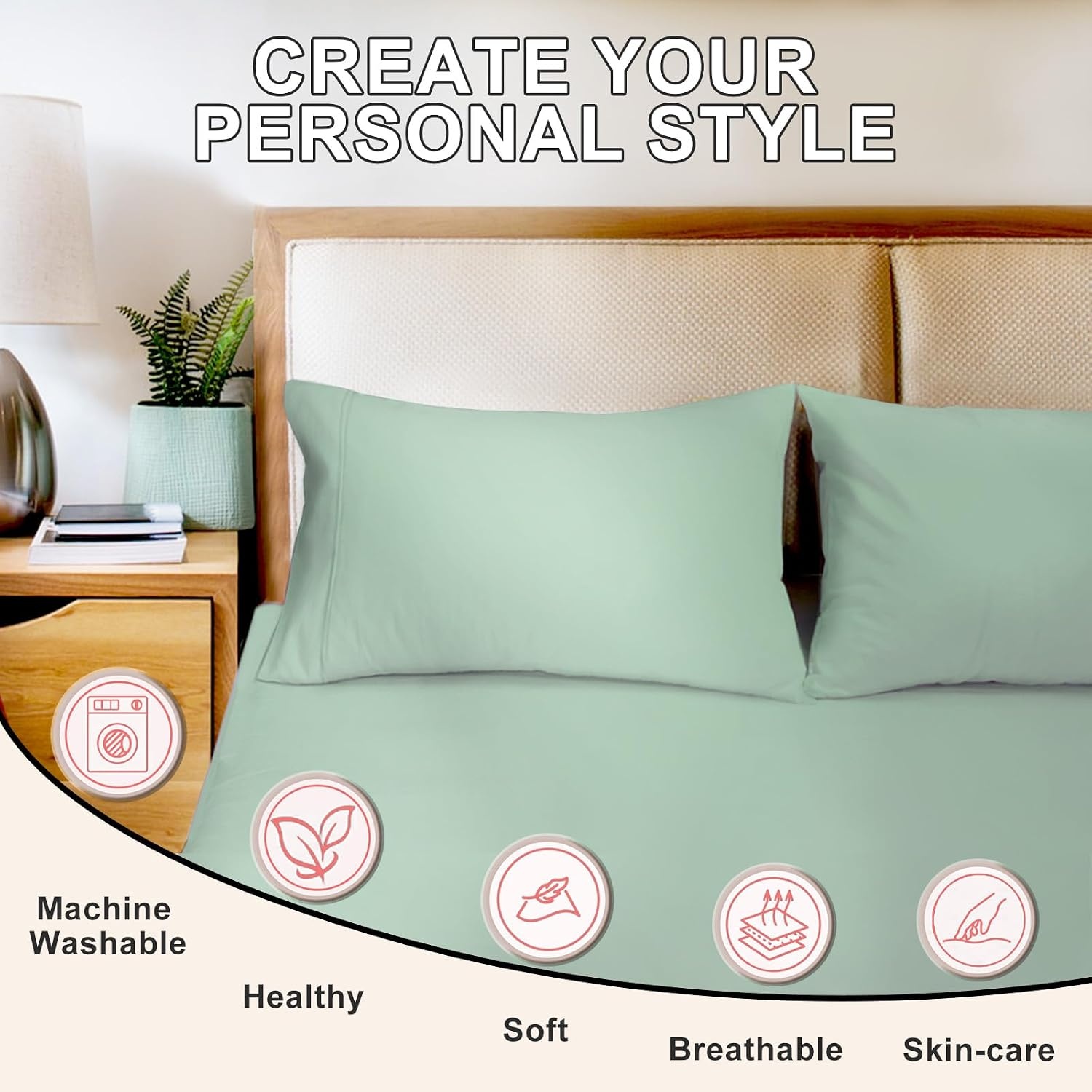 image:imageLirex Queen Pillow Cases Set of 2 100 Cotton Sateen Breathable Cooling Soft for Quality Sleep Pillow Covers with Envelope Closure 20 x 30 WhiteSage Green