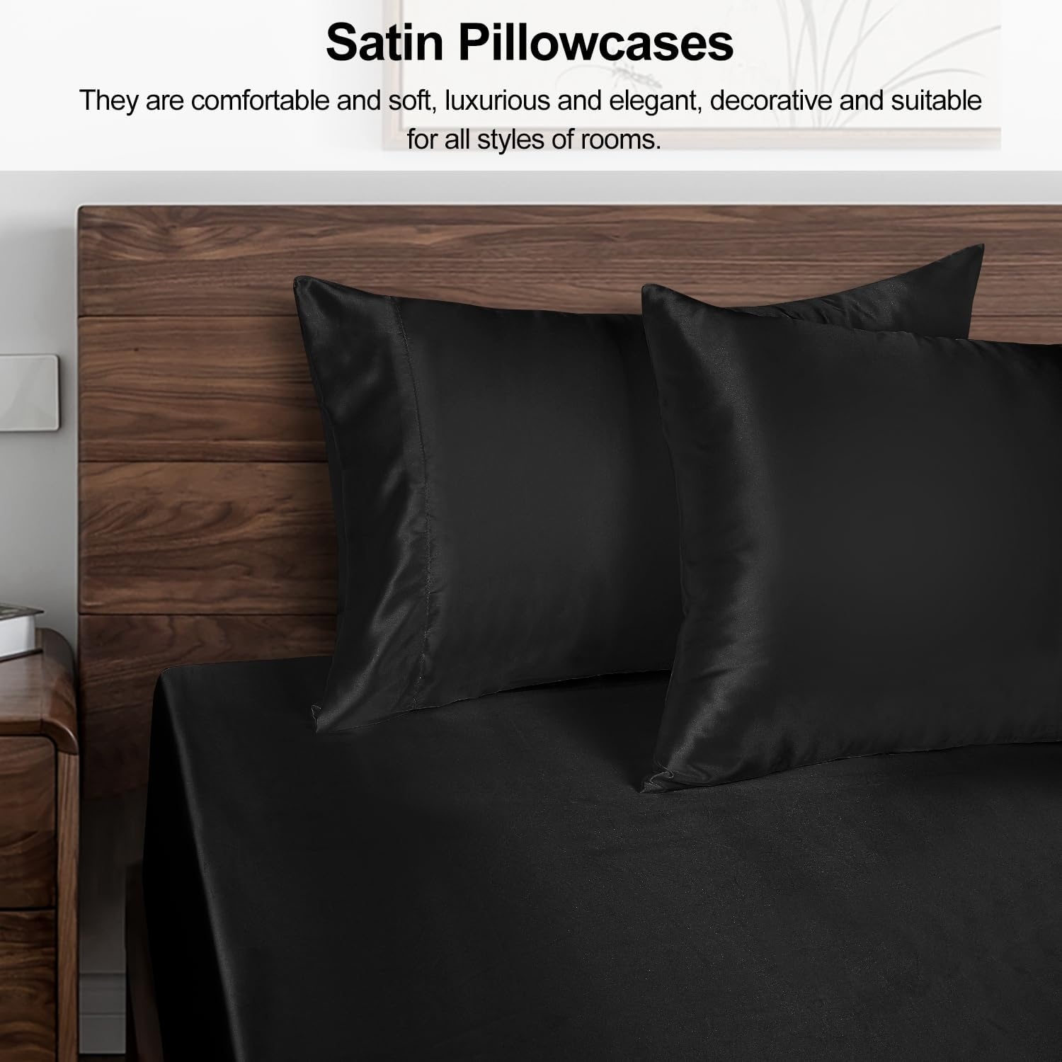 image:imageLirex Satin Fitted Sheet Full Size BundleIncludes 14 Deep Pocket Full Size Fitted Sheet and 2 Pack Queen Size Pillowcase Black