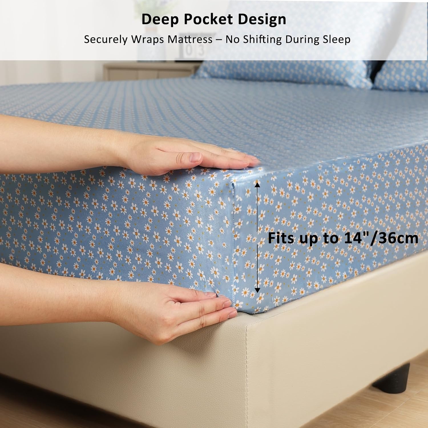 image:imageLirex Satin Fitted Sheet Silky amp Soft Polyester Satin Weave Bed Sheets 14 Deep Pocket with Elastic Corner Straps Twin XL Cream LeopardBlue Daisy