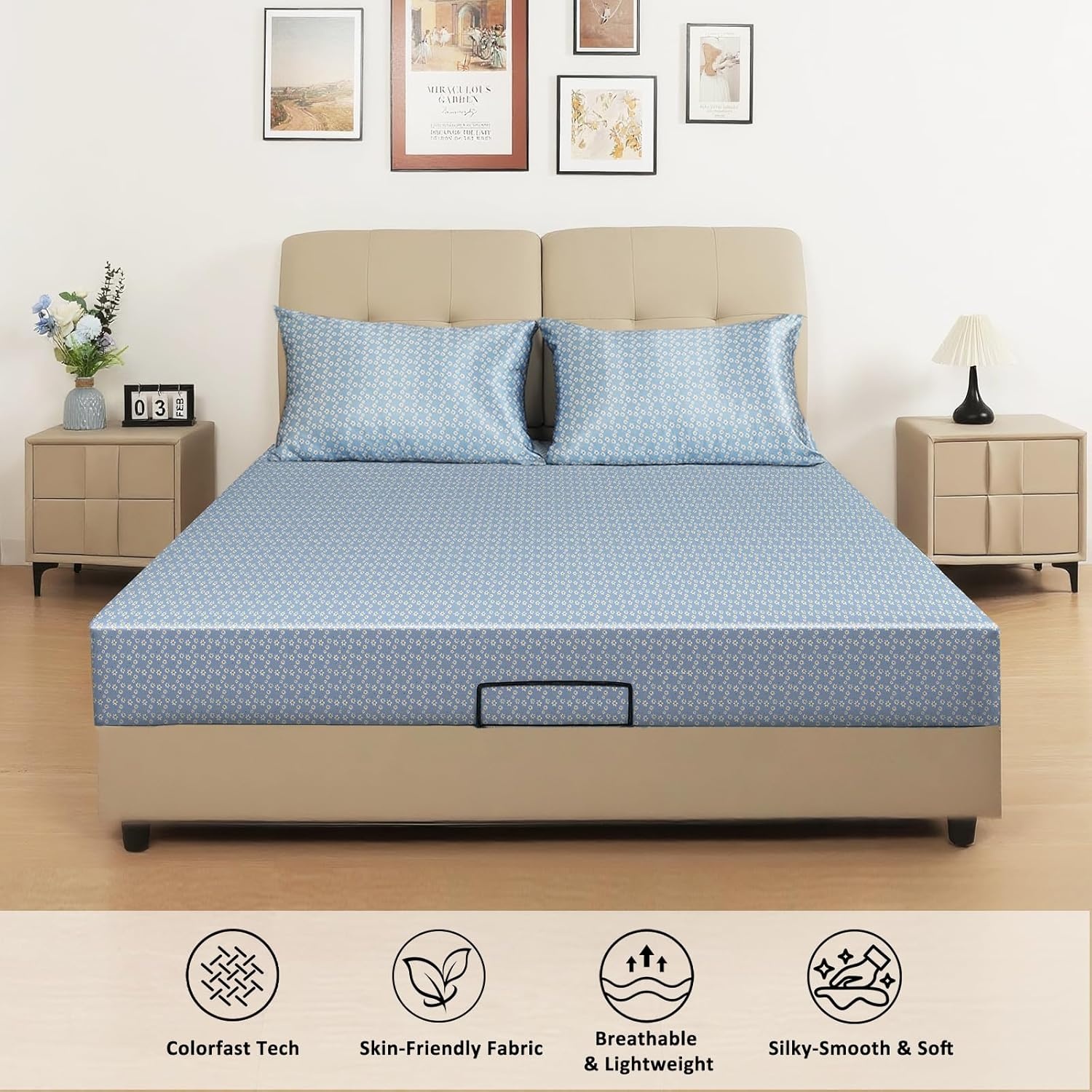 image:imageLirex Satin Fitted Sheet Silky amp Soft Polyester Satin Weave Bed Sheets 14 Deep Pocket with Elastic Corner Straps Twin XL Cream LeopardBlue Daisy