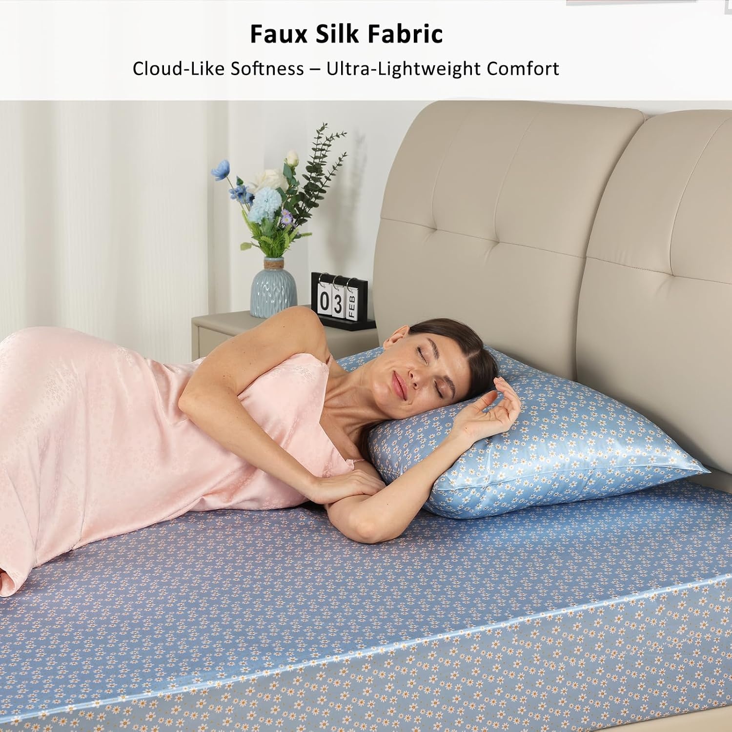 image:imageLirex Satin Fitted Sheet Silky amp Soft Polyester Satin Weave Bed Sheets 14 Deep Pocket with Elastic Corner Straps Twin XL Cream LeopardBlue Daisy