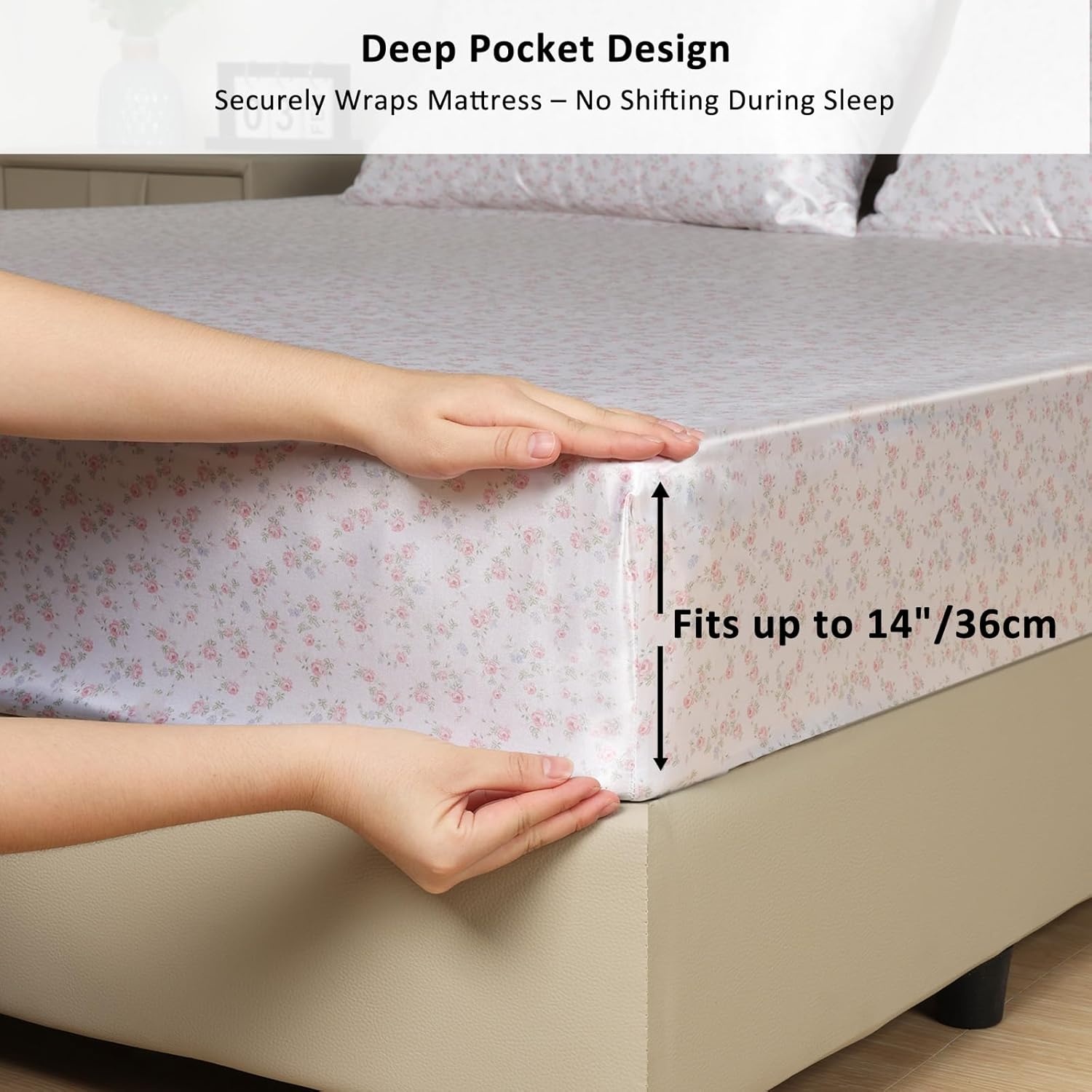 image:imageLirex Satin Fitted Sheet Silky amp Soft Polyester Satin Weave Bed Sheets 14 Deep Pocket with Elastic Corner Straps Twin XL Cream LeopardPink Rose Floral