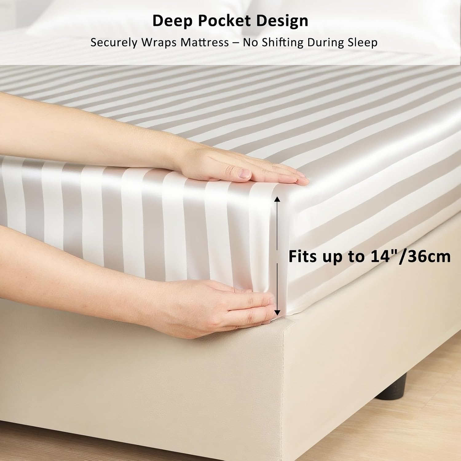 image:imageLirex Satin Fitted Sheet Silky amp Soft Polyester Satin Weave Bed Sheets 14 Deep Pocket with Elastic Corner Straps Twin XL Cream LeopardWhite Stripes