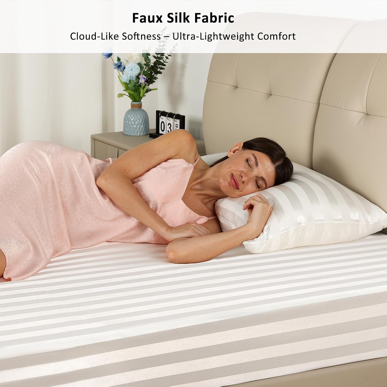 image:imageLirex Satin Fitted Sheet Silky amp Soft Polyester Satin Weave Bed Sheets 14 Deep Pocket with Elastic Corner Straps Twin XL Cream LeopardWhite Stripes