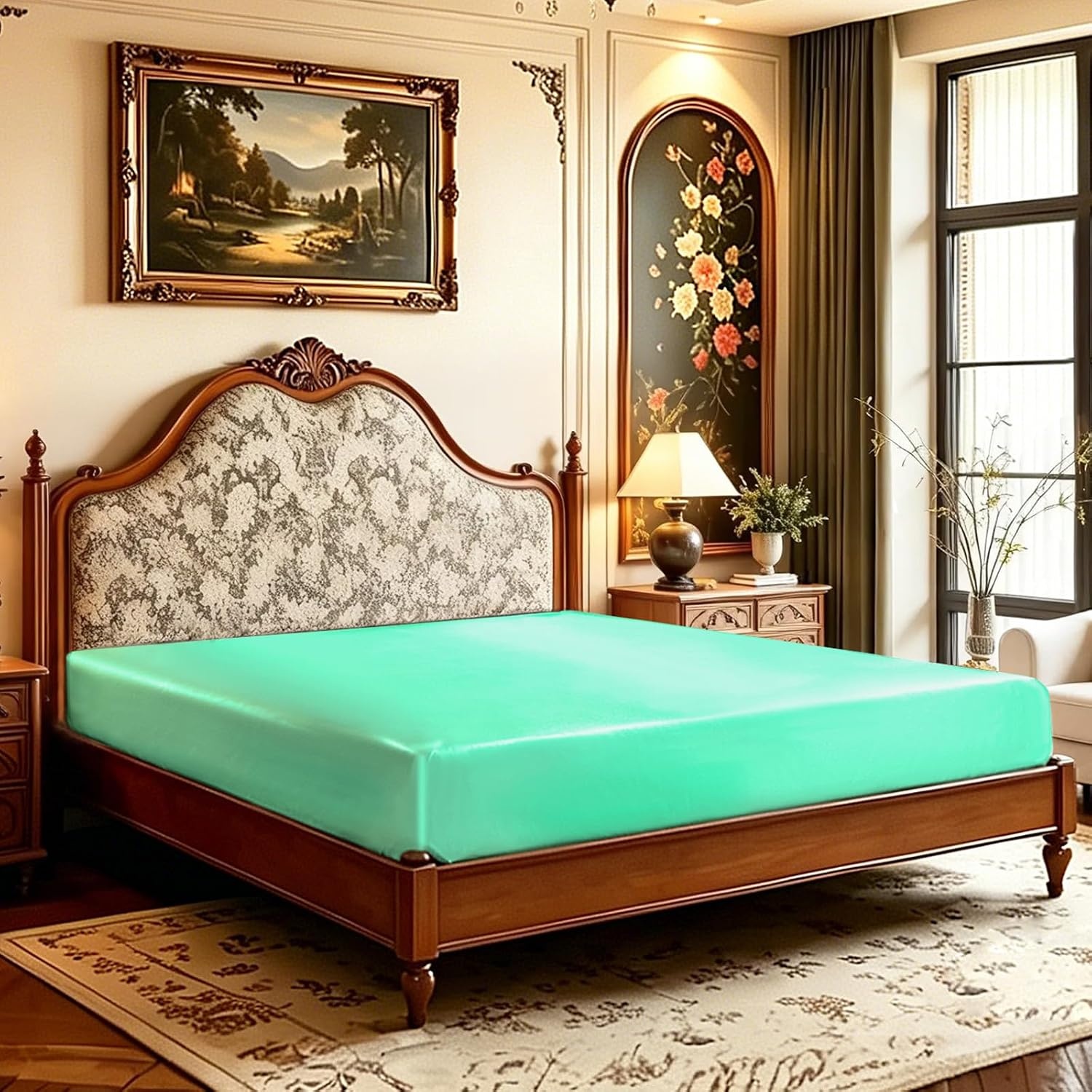 image:imageLirex Satin Fitted Sheet Twin XL SizeLuxury amp Ultra Soft Deep Pocket Single Bottom Bed Sheets Sold Separately BlackAqua