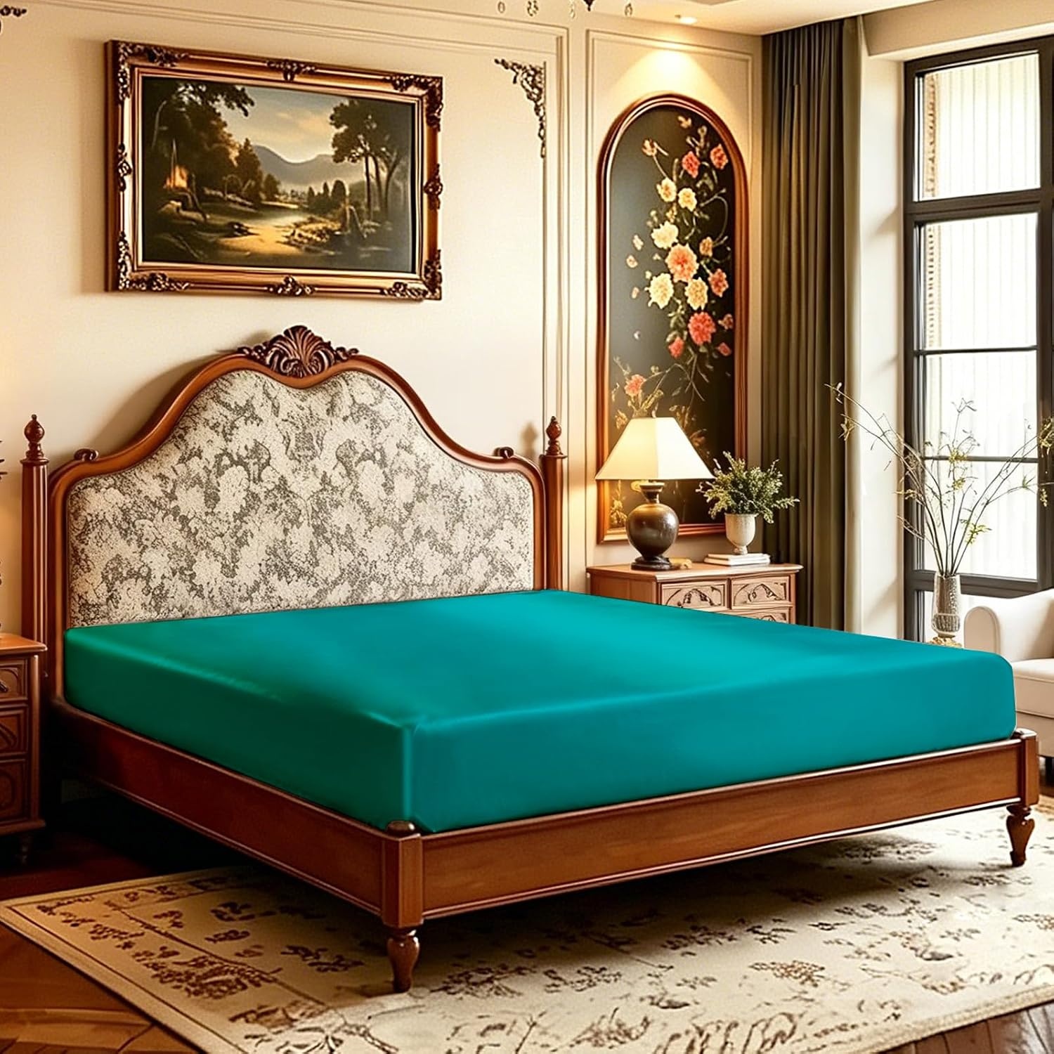 image:imageLirex Satin Fitted Sheet Twin XL SizeLuxury amp Ultra Soft Deep Pocket Single Bottom Bed Sheets Sold Separately BlackBlue Green