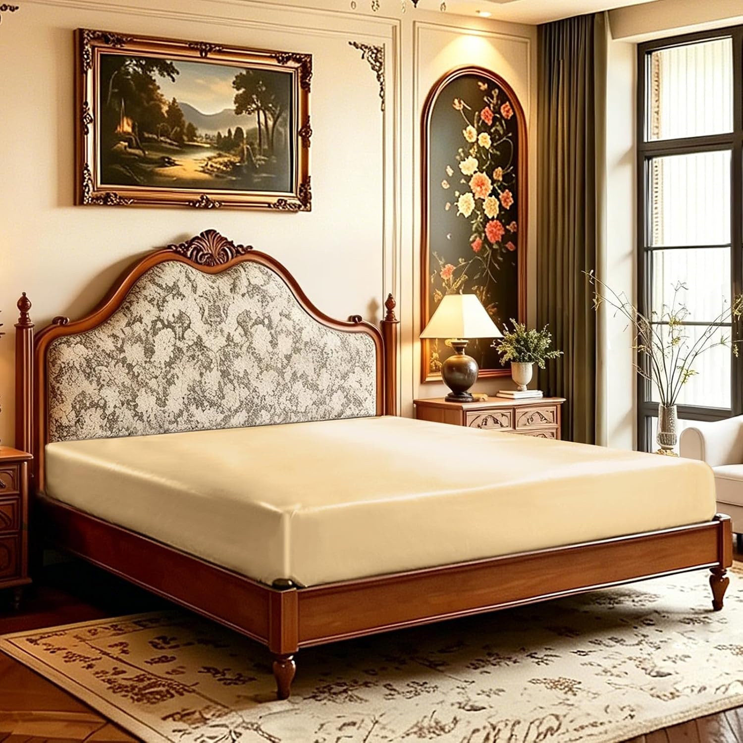 image:imageLirex Satin Fitted Sheet Twin XL SizeLuxury amp Ultra Soft Deep Pocket Single Bottom Bed Sheets Sold Separately BlackChampagne