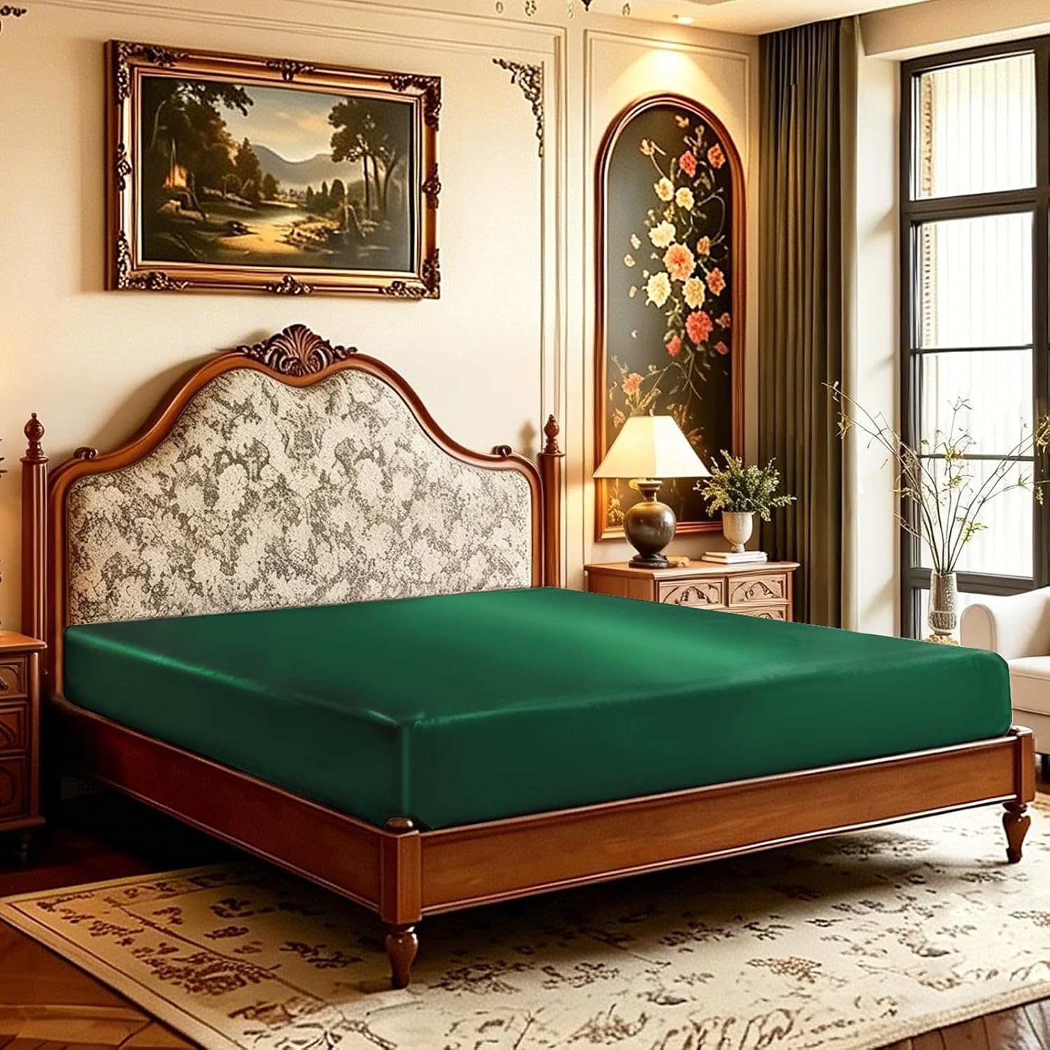 image:imageLirex Satin Fitted Sheet Twin XL SizeLuxury amp Ultra Soft Deep Pocket Single Bottom Bed Sheets Sold Separately BlackGreen