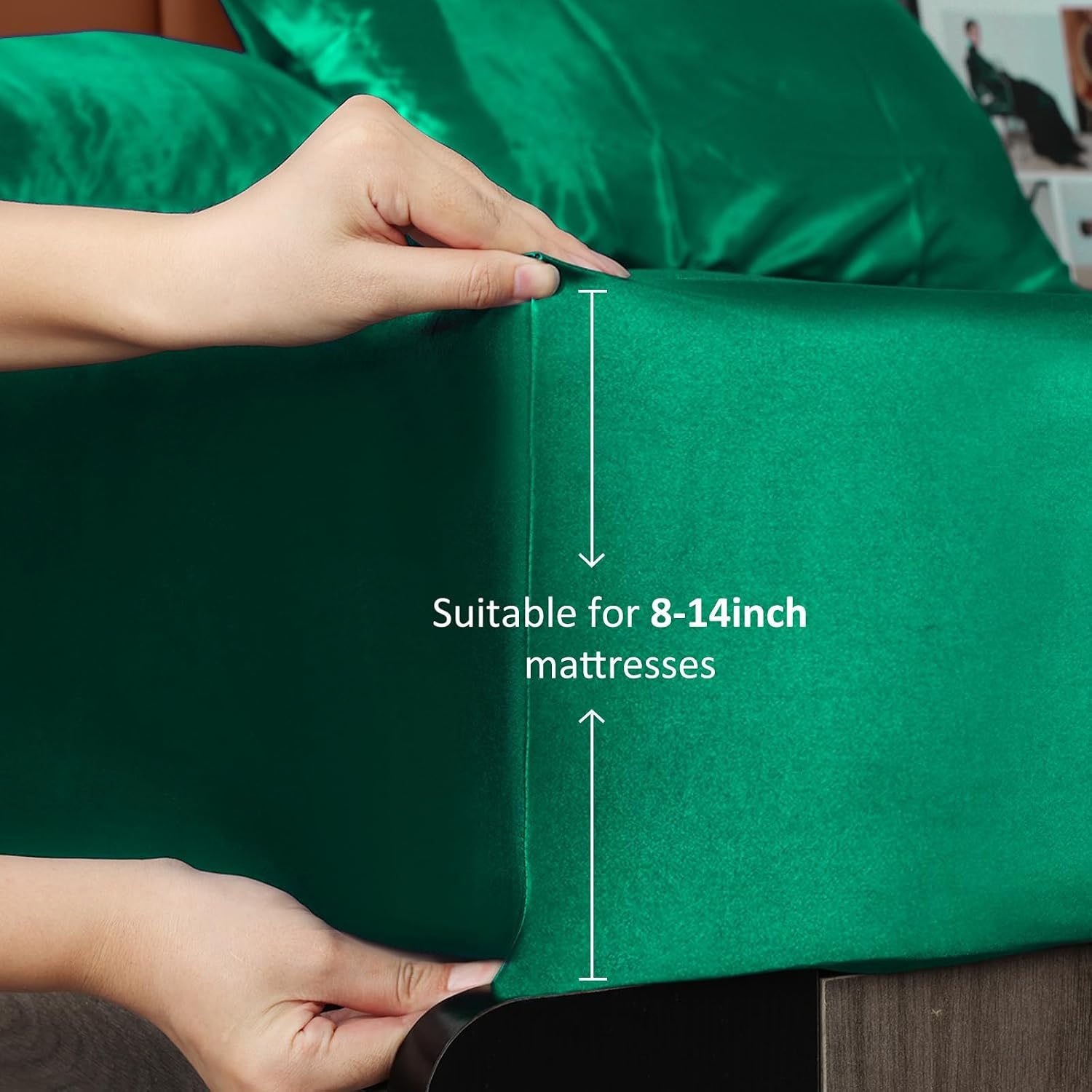 image:imageLirex Satin Fitted Sheet Twin XL SizeLuxury amp Ultra Soft Deep Pocket Single Bottom Bed Sheets Sold Separately BlackGreen